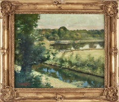 Sommerlandschaft mit Fluss und Bäumen, Öl auf Leinwand, signiert
