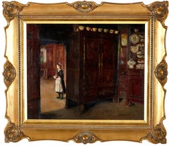 Intérieur avec une femme de ménage, huile sur toile signée, réalisme