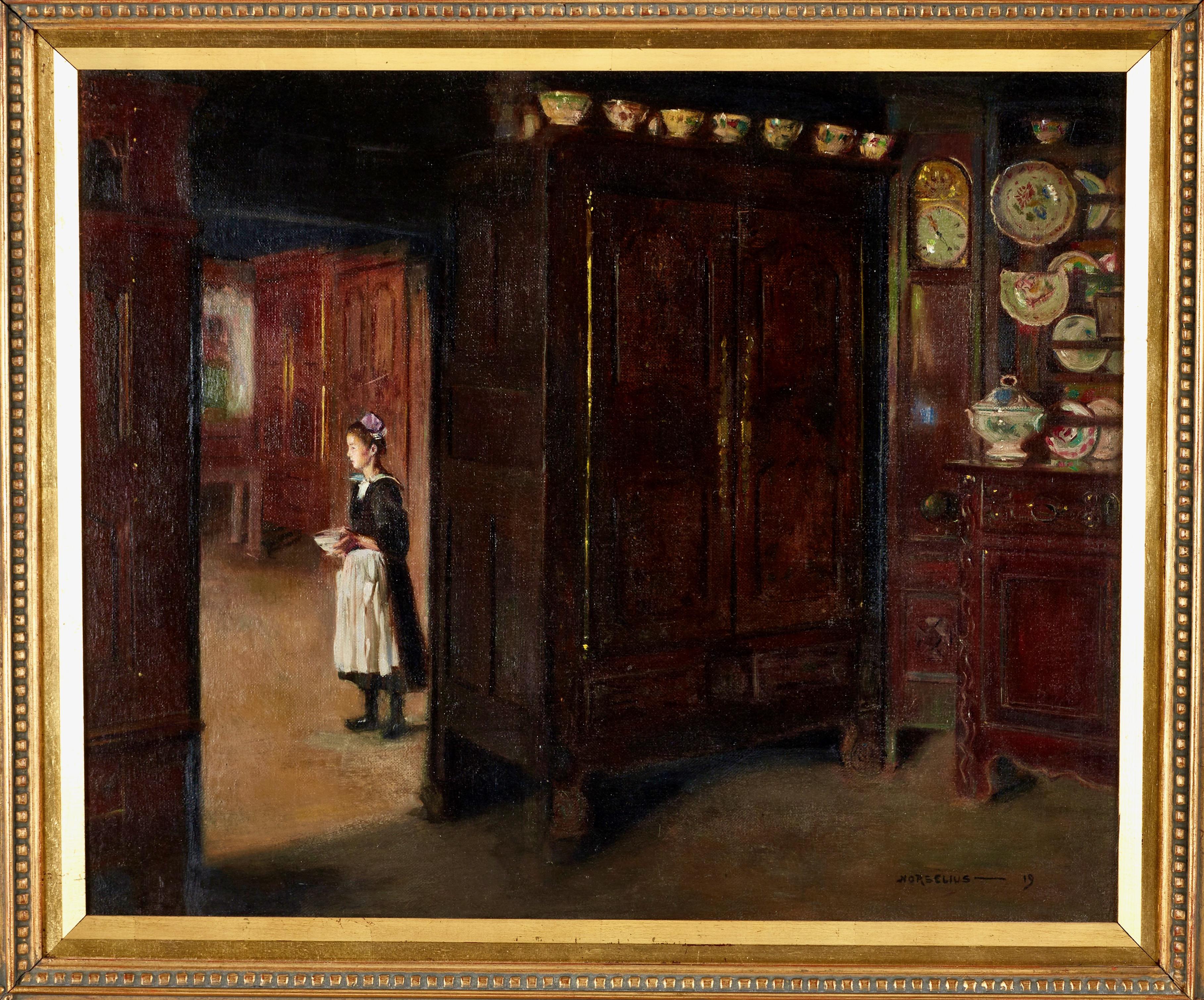 Erik Norselius Interior Painting – Interieur mit Dienstmädchen, signiertes Ölgemälde auf Leinwand, Realismus