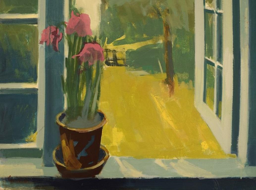 Erik O. Danish Artist, Oil on Canvas, Flowers in an Open Window, 1960s In Excellent Condition For Sale In Copenhagen, DK