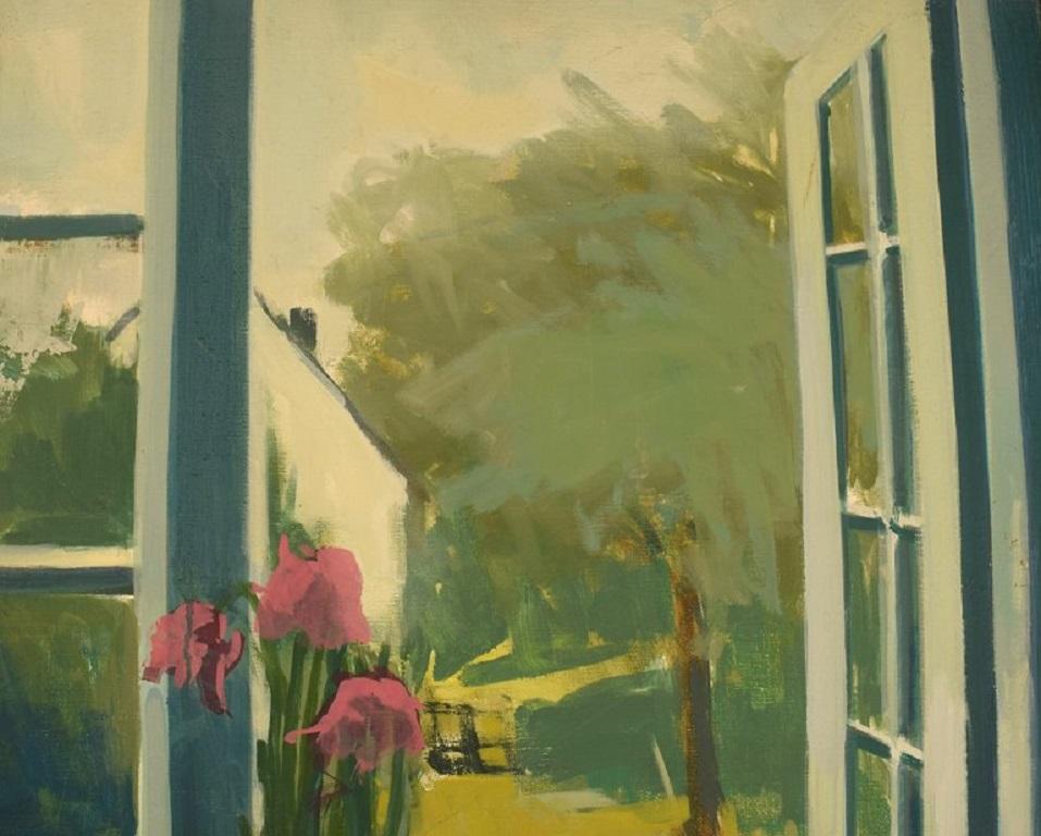 Danois Erik O., artiste danois, huile sur toile, Fleurs dans un fenêtre ouvert, années 1960 en vente