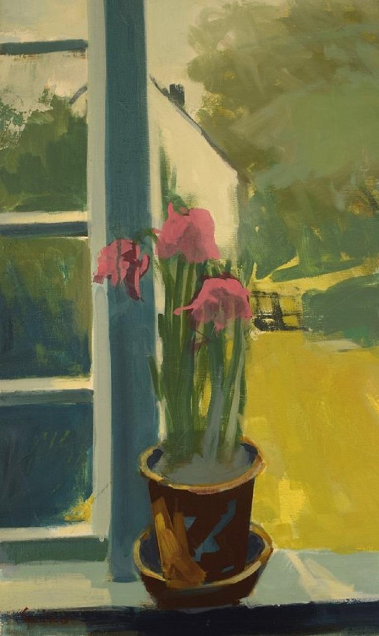 Erik O. Danish Artist, Oil on Canvas, Flowers in an Open Window, 1960s For Sale 1
