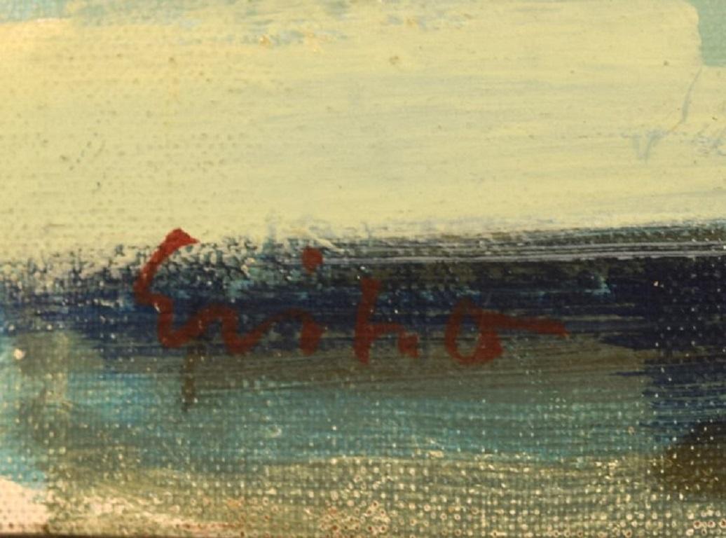 Milieu du XXe siècle Erik O., artiste danois, huile sur toile, Fleurs dans un fenêtre ouvert, années 1960 en vente