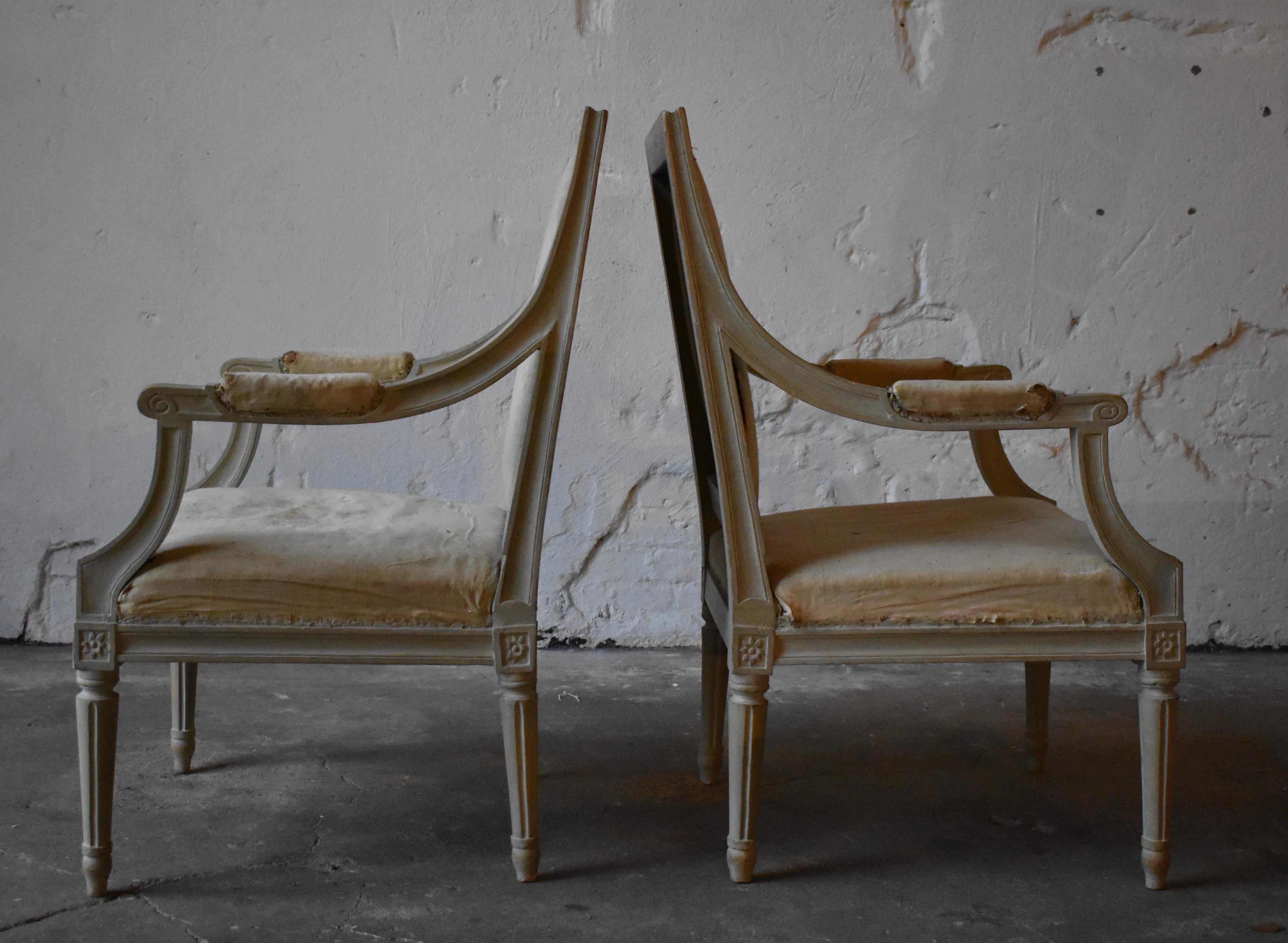 Erik Öhrmark (1777-1813) Swedish Gustavian armchairs signed 
Original upholstery and paint 

Both chairs are signed EÖM as shown in images, 
Excellent condition for any collector.