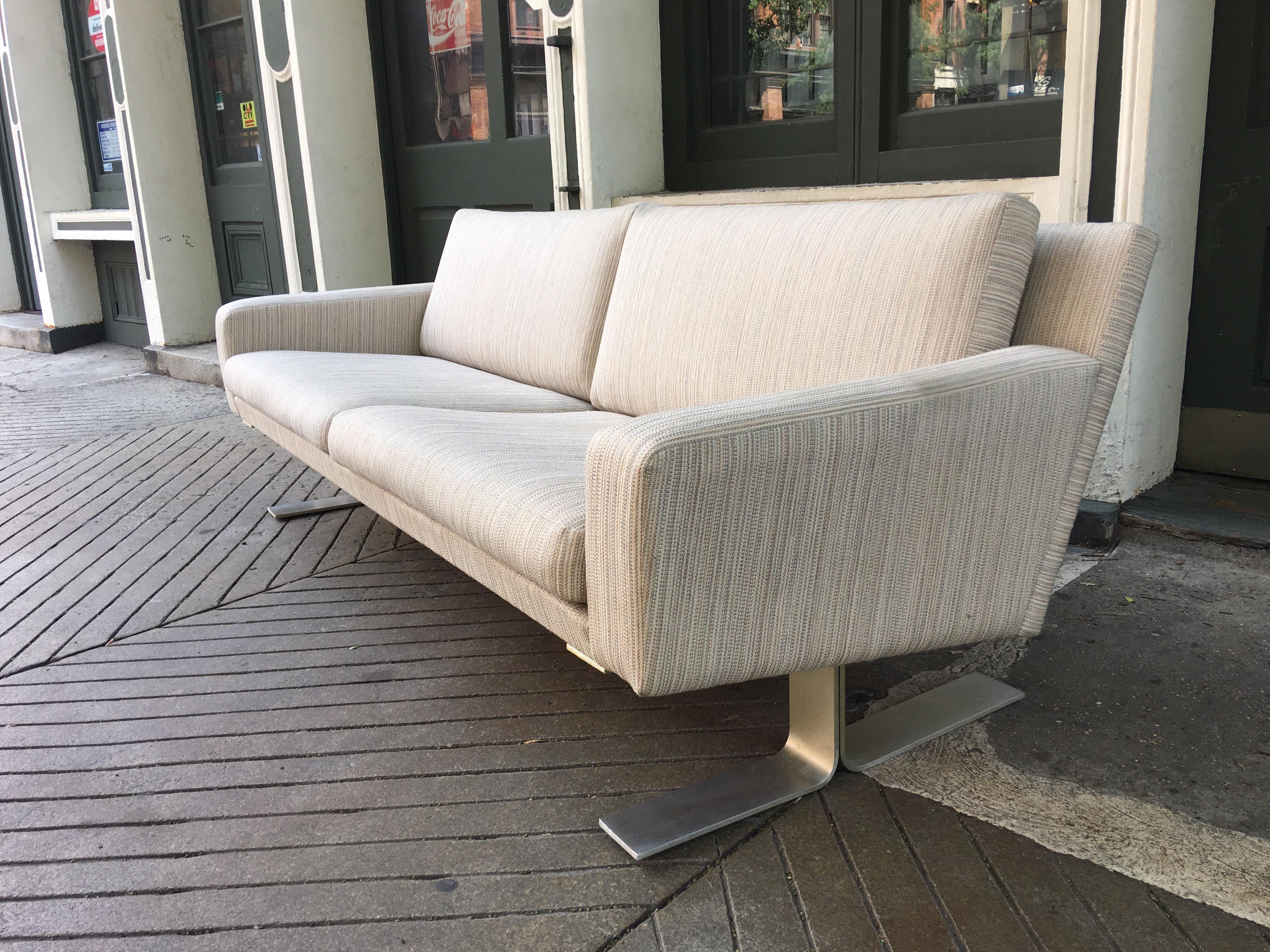 Erik Ole Jorgensen Designed sofa sold through DUX Furniture. Sleek Low Profile Sofa sitting on Aluminum Sled Like Legs. Reupholstered maybe 15 years ago, Sofa presents very well! Just cleaned and overall fabric is very good. Very slight corner wear