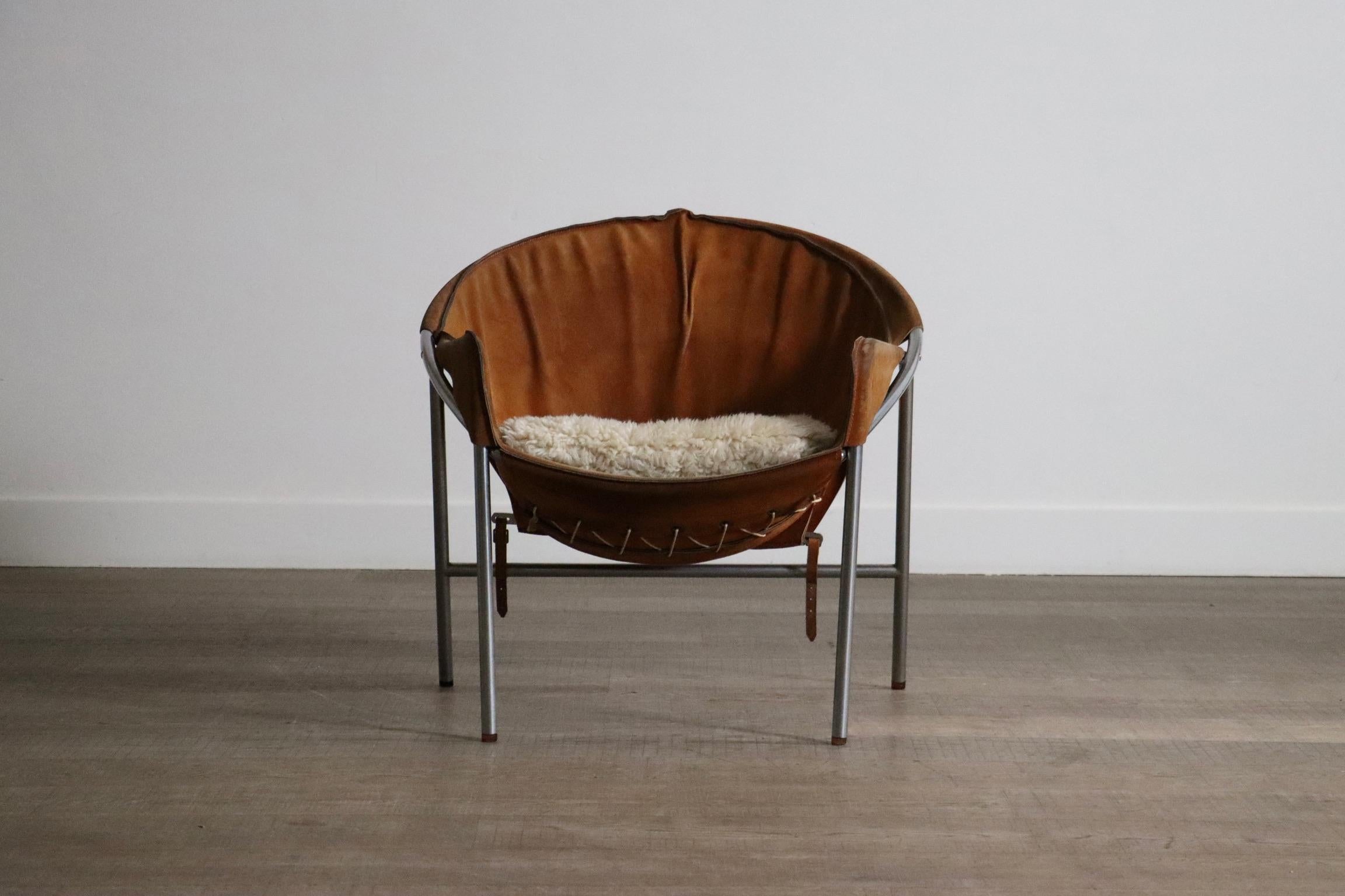 Erik Ole Jørgensen para Bovirke Sillón de ante coñac, metal, Dinamarca 1953 Gamuza en venta