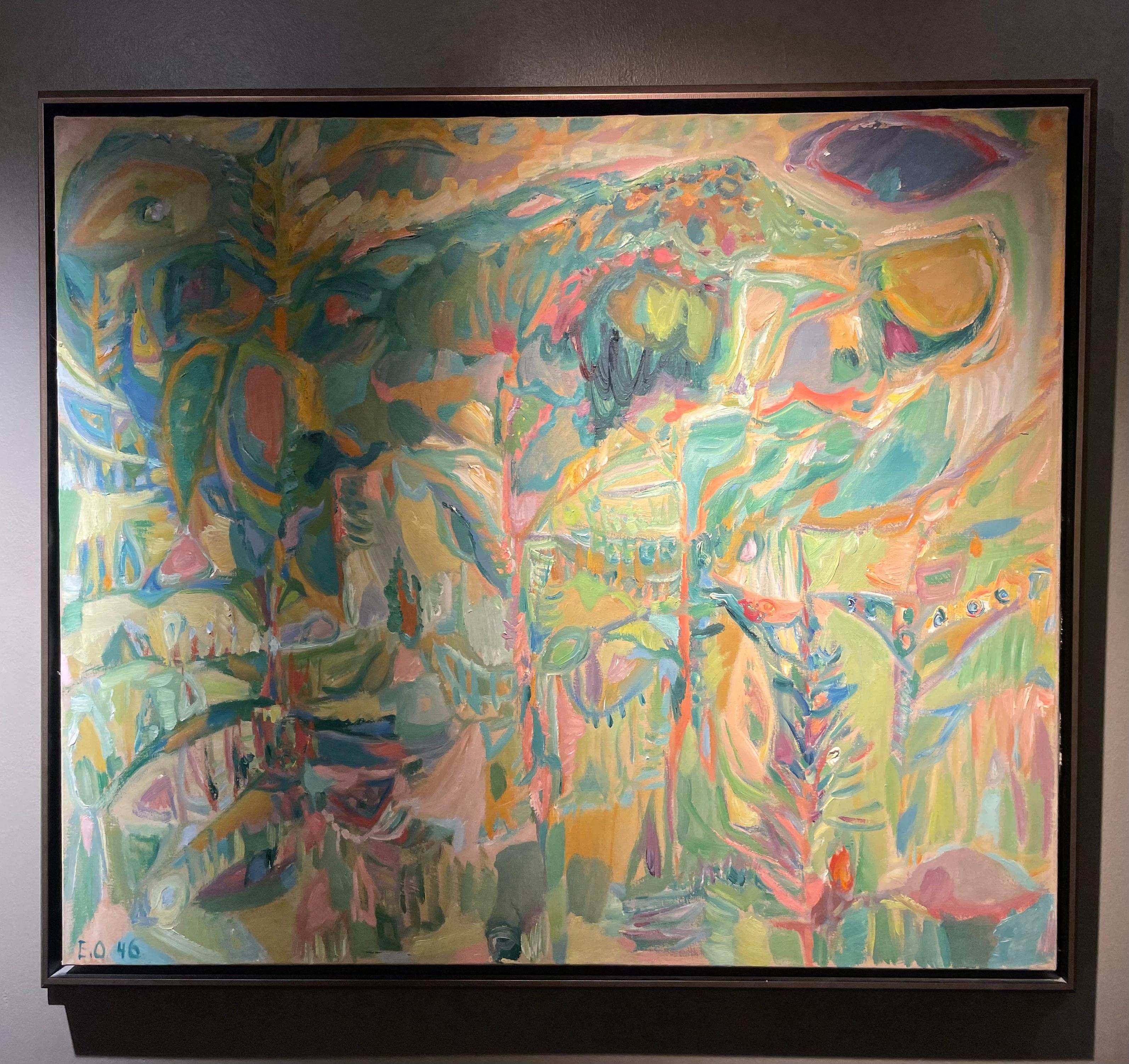 Paesaggio astratto, grande quadro verde di metà secolo, movimento artistico COBRA in vendita 1