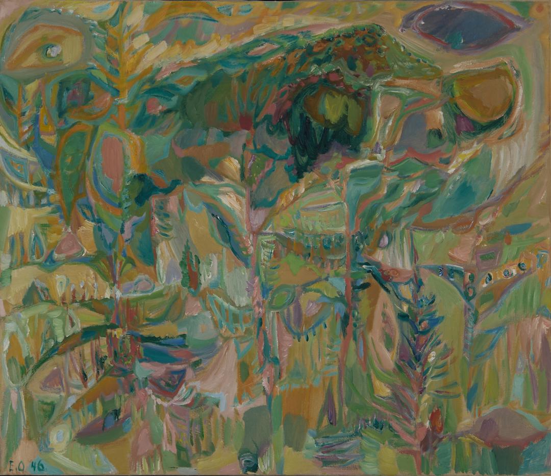 Erik Ortvad Landscape Painting – Abstrakte Landschaft, großes grünes Gemälde aus der Mitte des Jahrhunderts, COBRA-Kunstbewegung