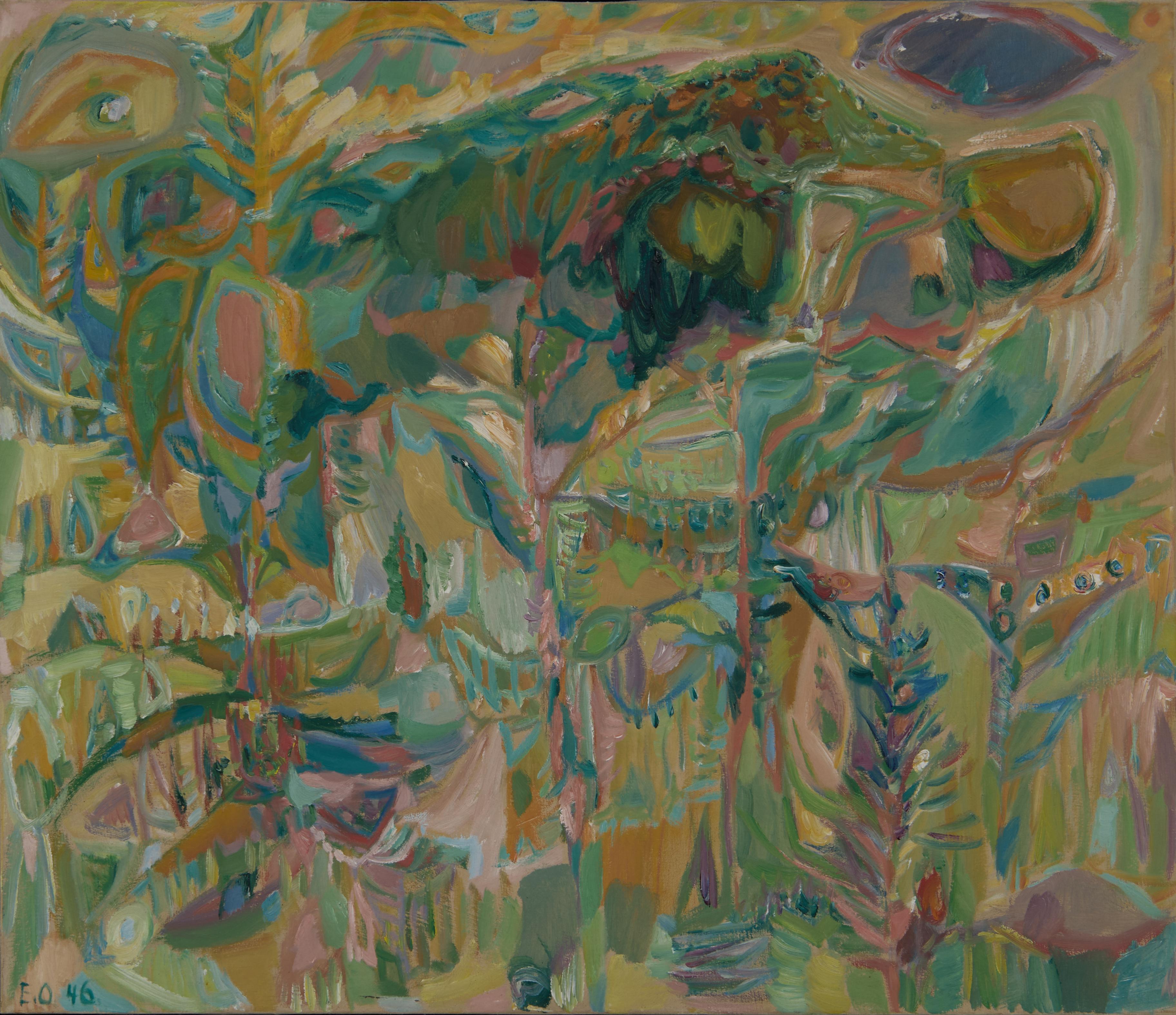 Abstract Landscape, large mid-century green painting, COBRA art movement