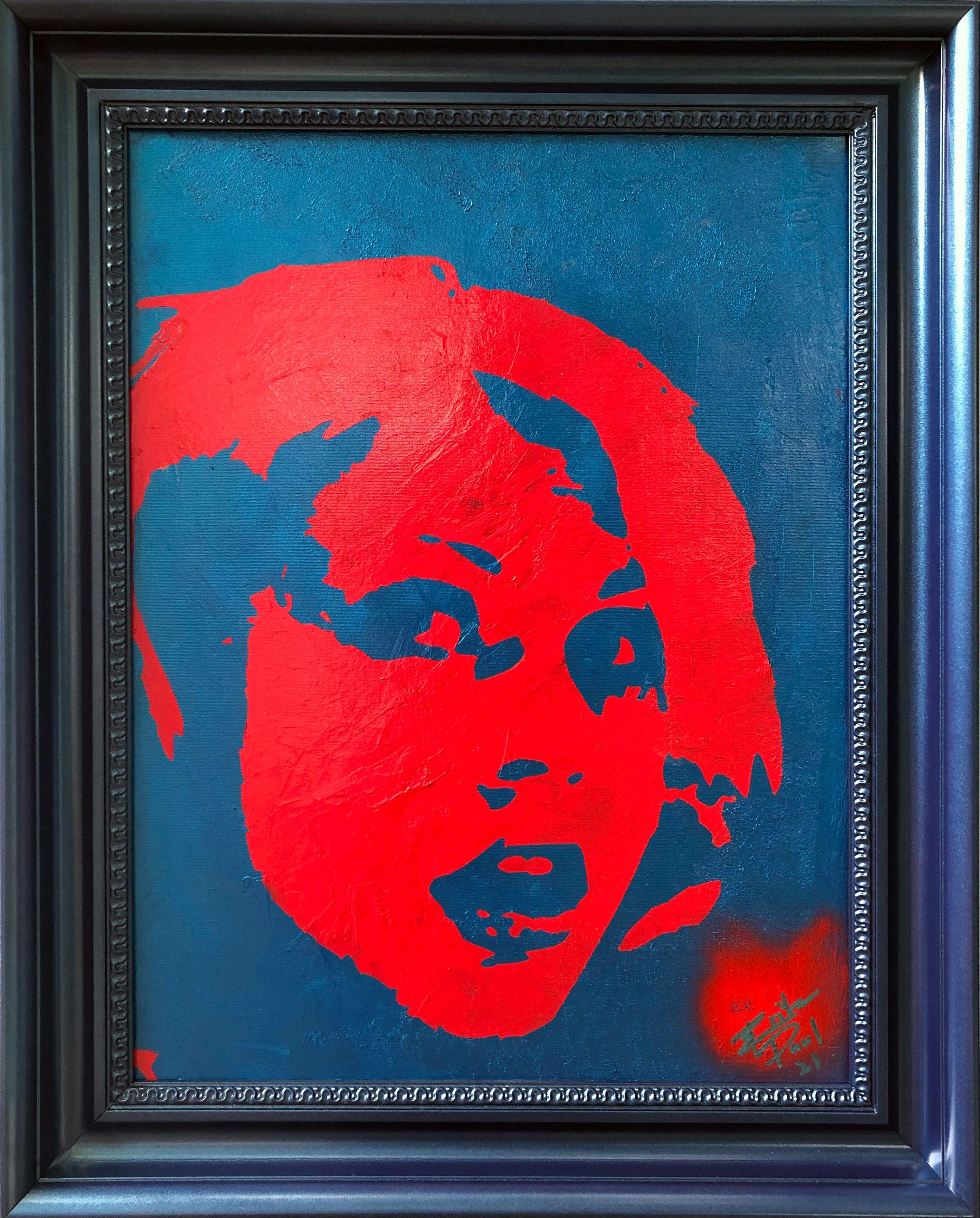 Acrylic on canvas. A painting with a nod to Andy Warhol. Beautiful hot pink with metallic blue paint. She seems to be about to answer a question or acknowledge your desire. What is your desire? She will always listen to you. Taking stencil art to a