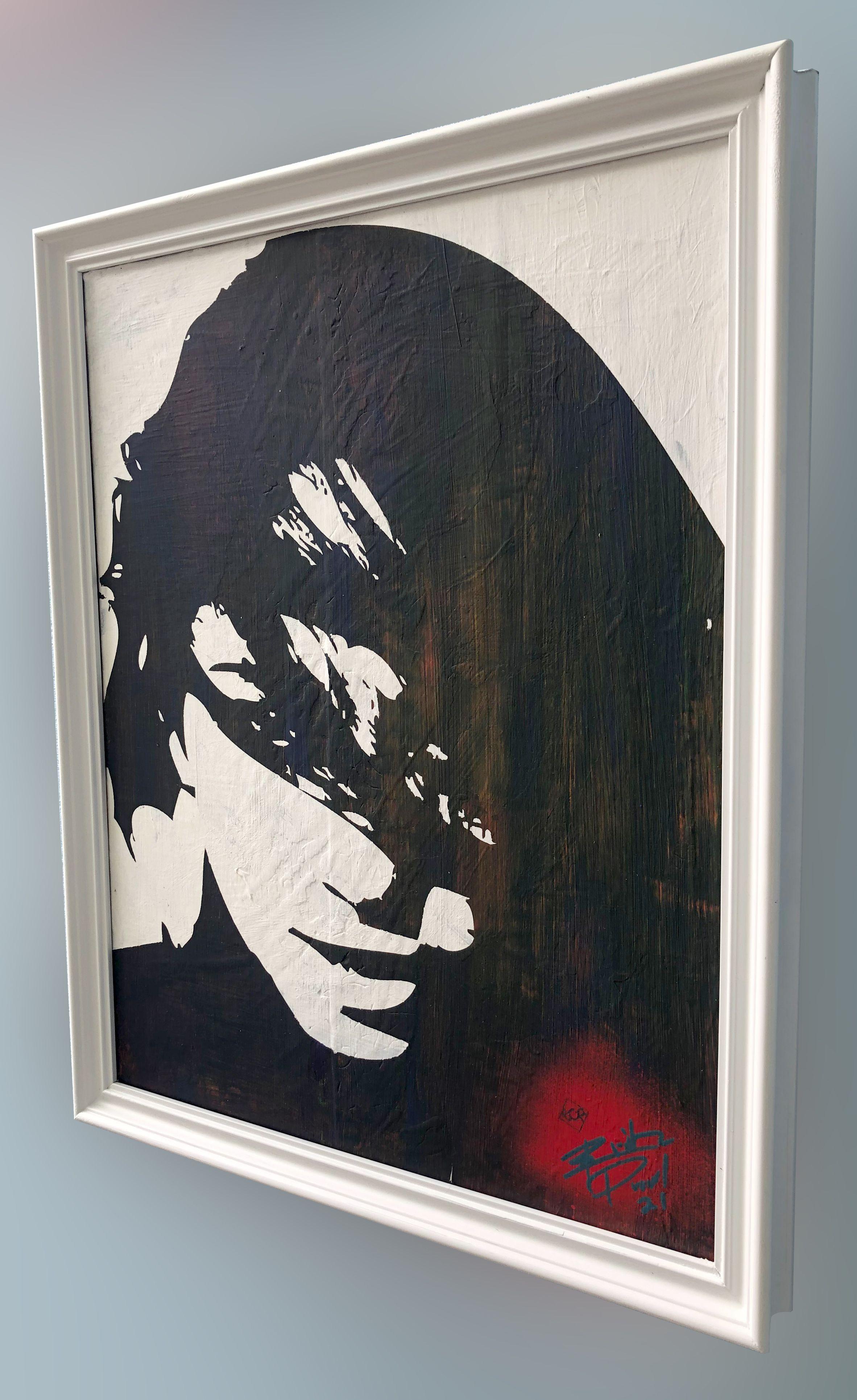 She's a deviant. Cant, you see it in her eyes, or is she just getting done with working out what do you think? Painted on reclaimed canvas from my years in college. This striking piece will intrigue you every day. Taking stencil art to a new level!