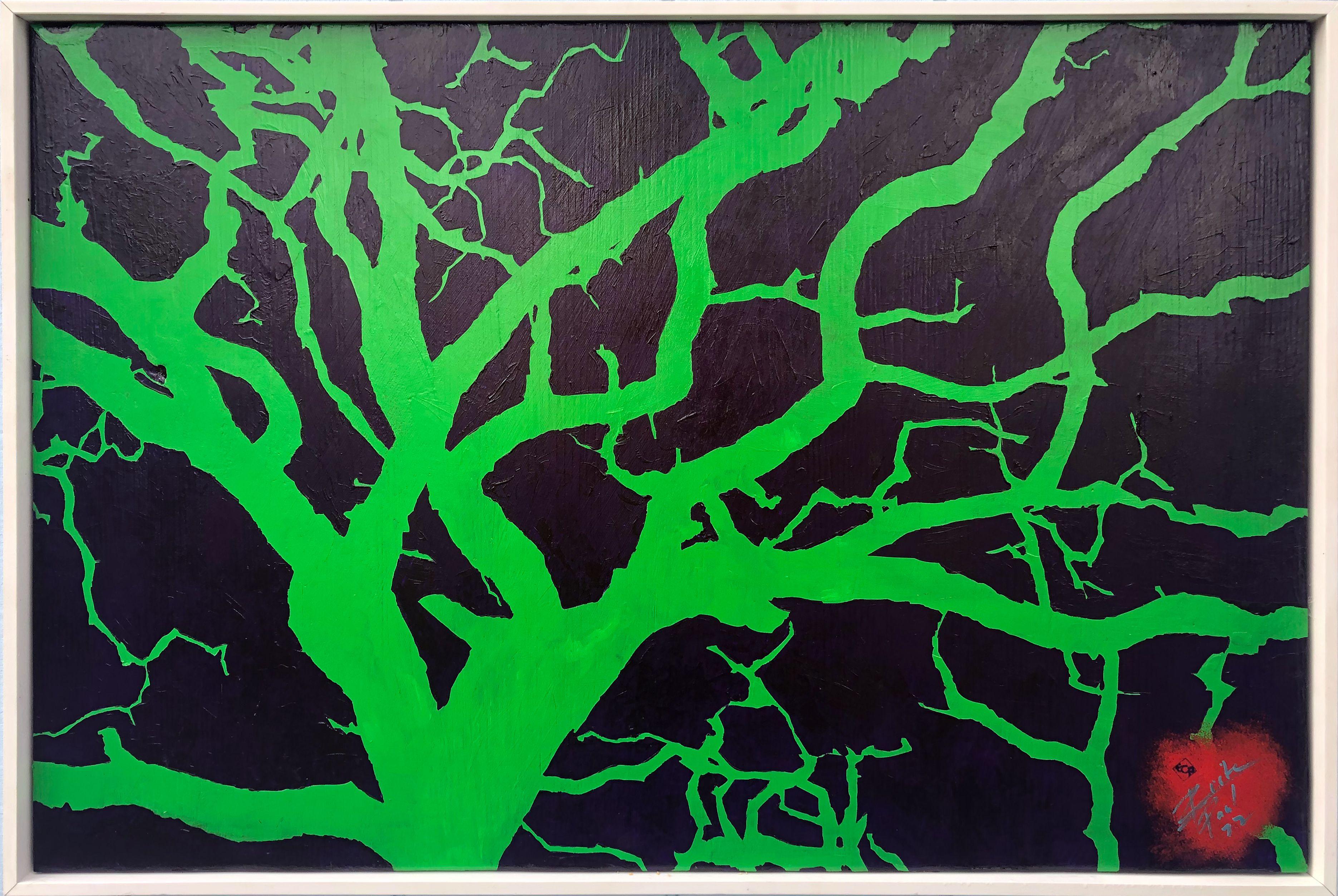 I live in an environment of oak trees here in Sonoma County Ca, and see art that depicts them in black and white all the time so I had to give them some POP. The colors are purple and green. These colors give the painting an electric lightning bolt