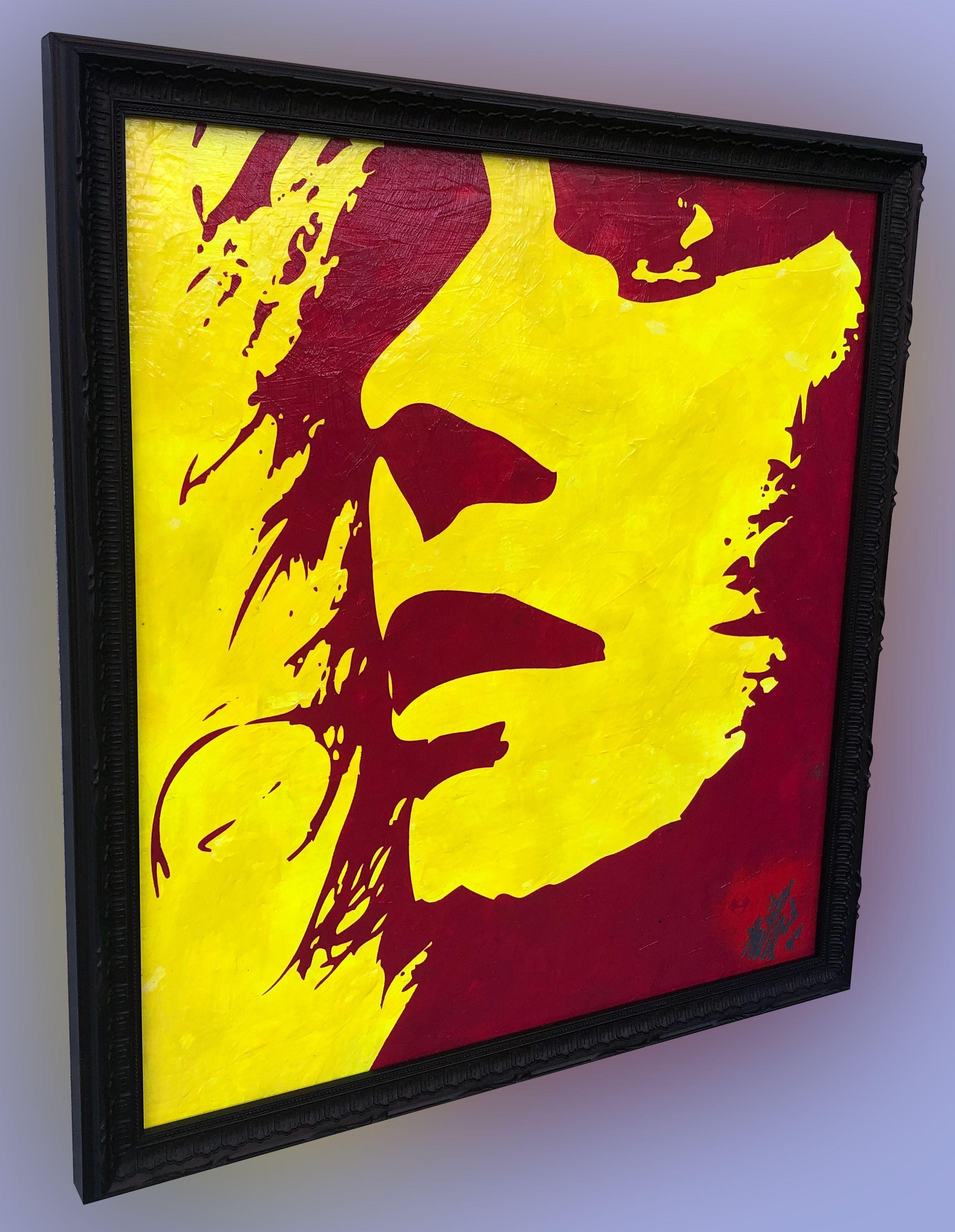 Neon Yellow with Magenta Paint Fun little painting to finish off a room. Stencil art with a dash of pop art. Enjoy looking at this and wondering what is she looking at. It could be anything. Taking stencil art to a new level! Enjoy! :: Painting ::