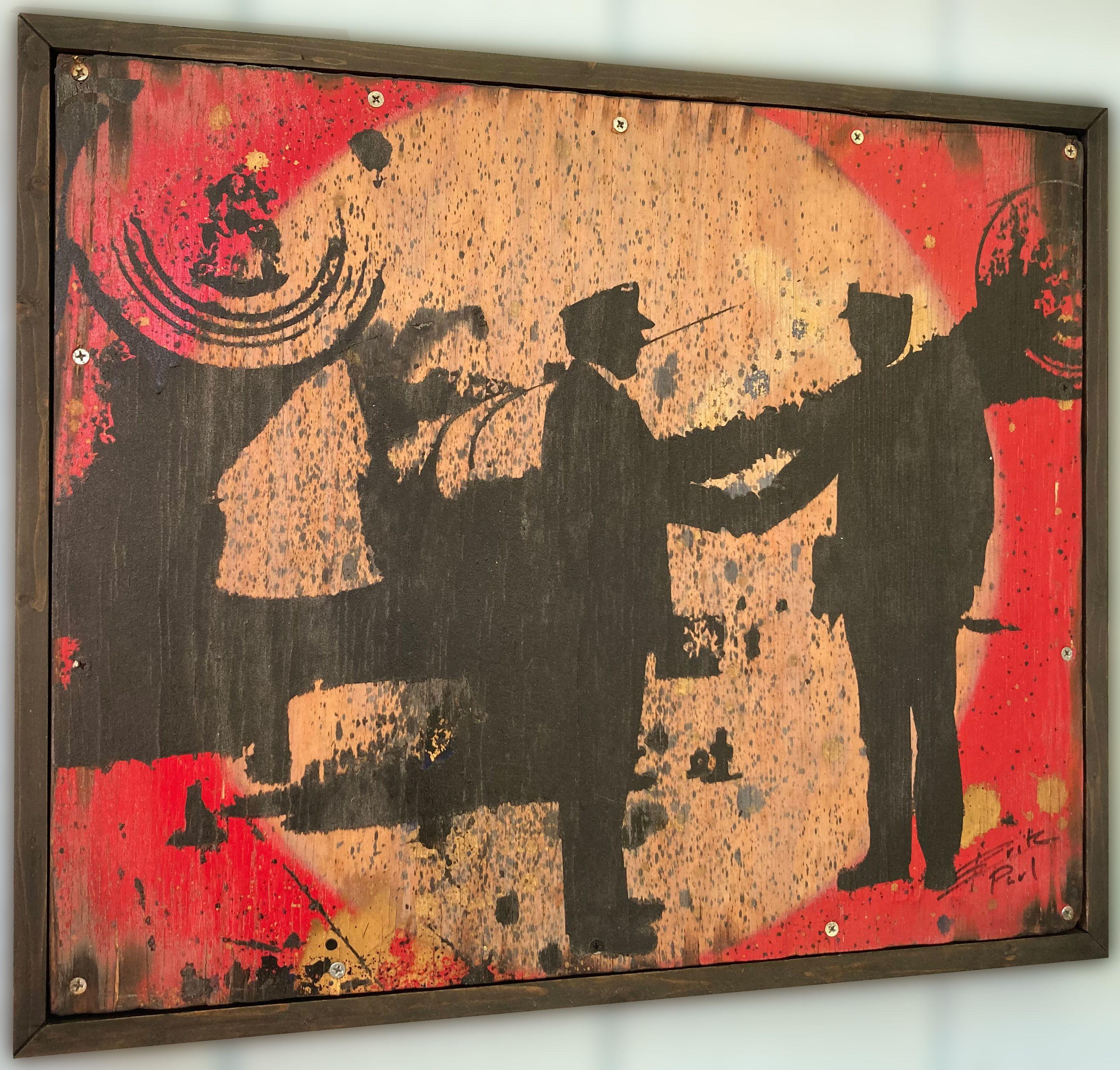 Mongers de la guerre, peinture, huile sur panneau de bois - Pop Art Painting par Erik Paul