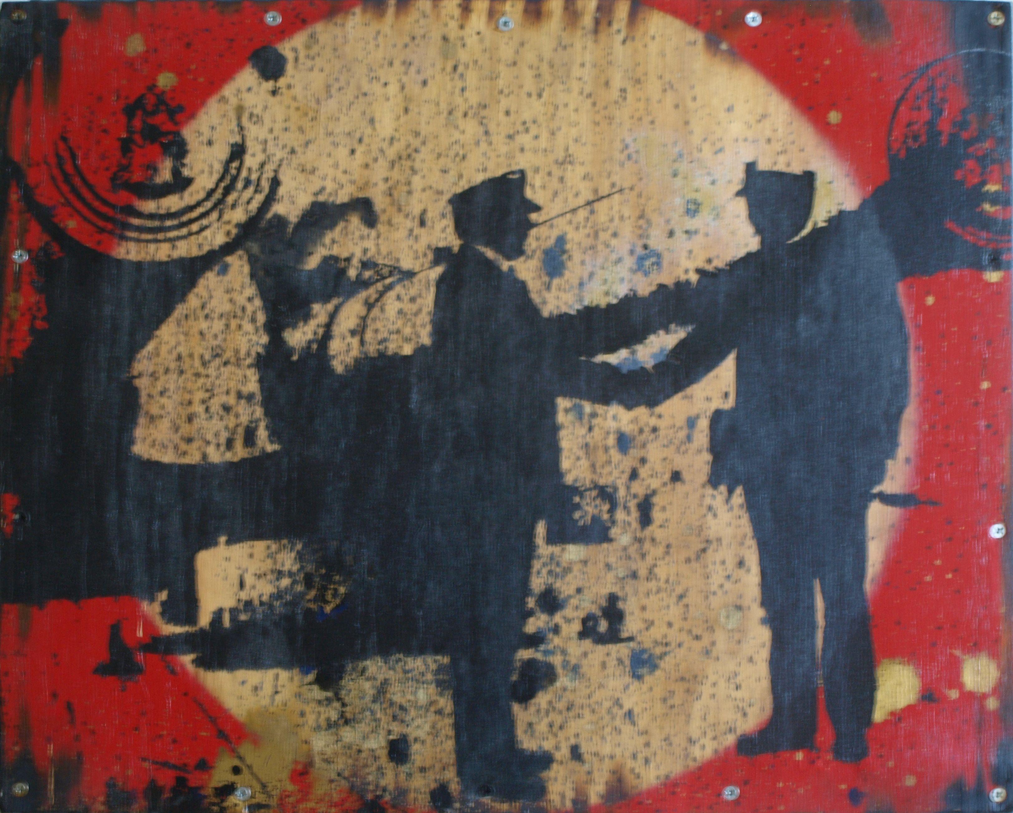 Mongers de la guerre, peinture, huile sur panneau de bois - Painting de Erik Paul