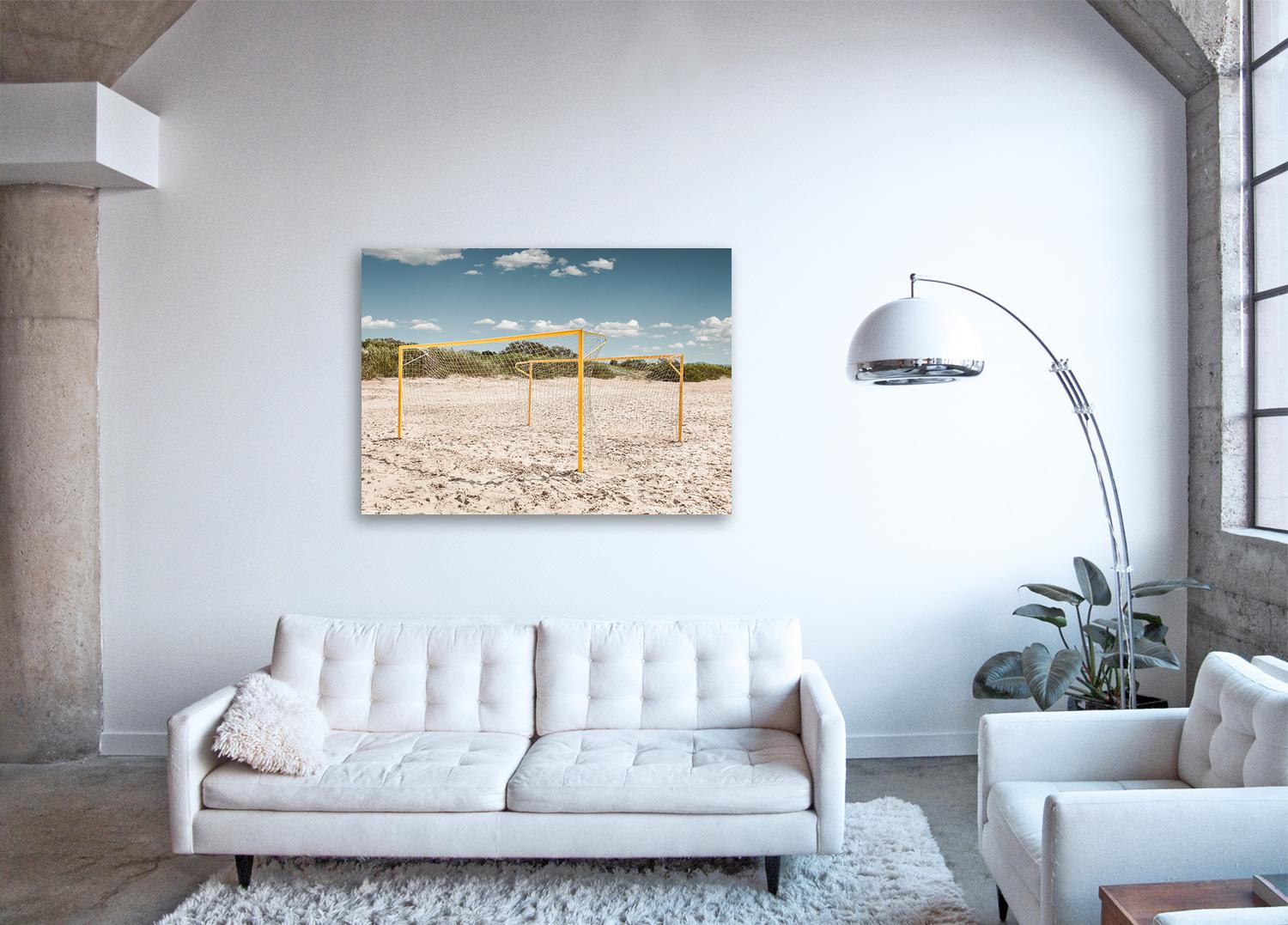 Beach Goals - large format photograph of iconic yellow soccer goals - Contemporary Photograph by Erik Pawassar