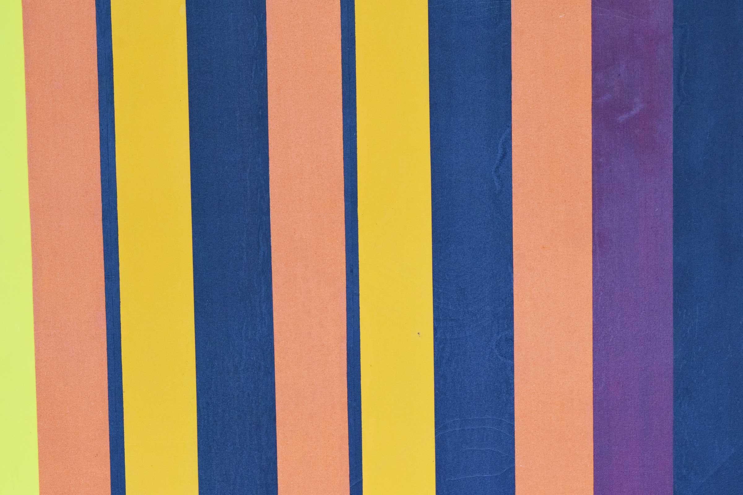Multicolor vertical stripes abstract geometric modern color field oil painting. The painting (similar to the work of Gene Davis and other Washington Color School artists), was proudly displayed in the living room of a Classic Mid-Century Modern