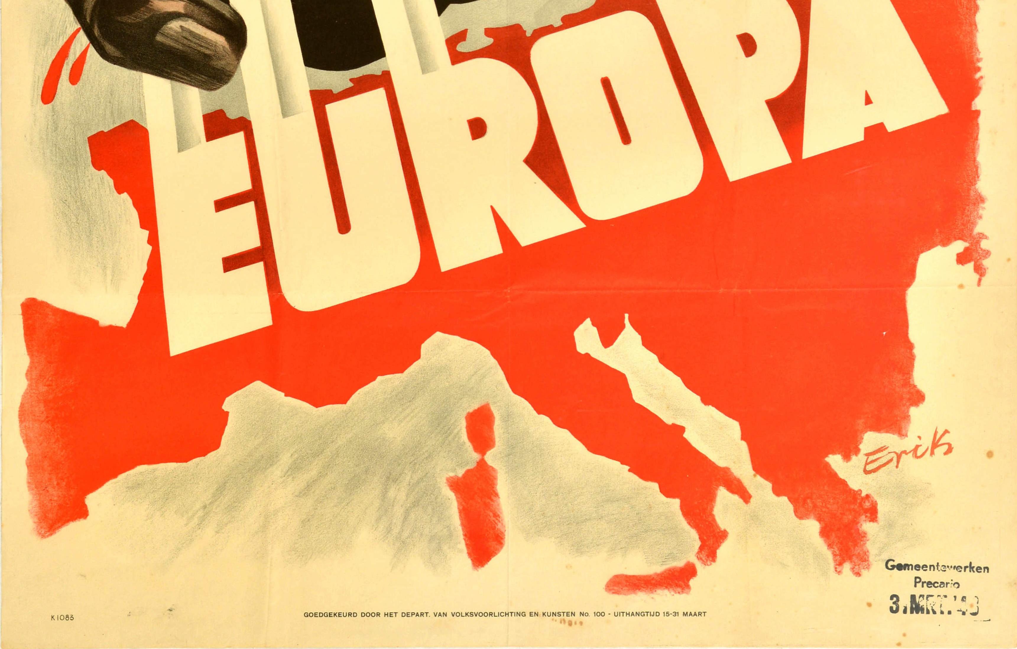 Original Vintage WWII Poster Handen Weg! Europa Hands Off Europe War Netherlands - Orange Print by Erik
