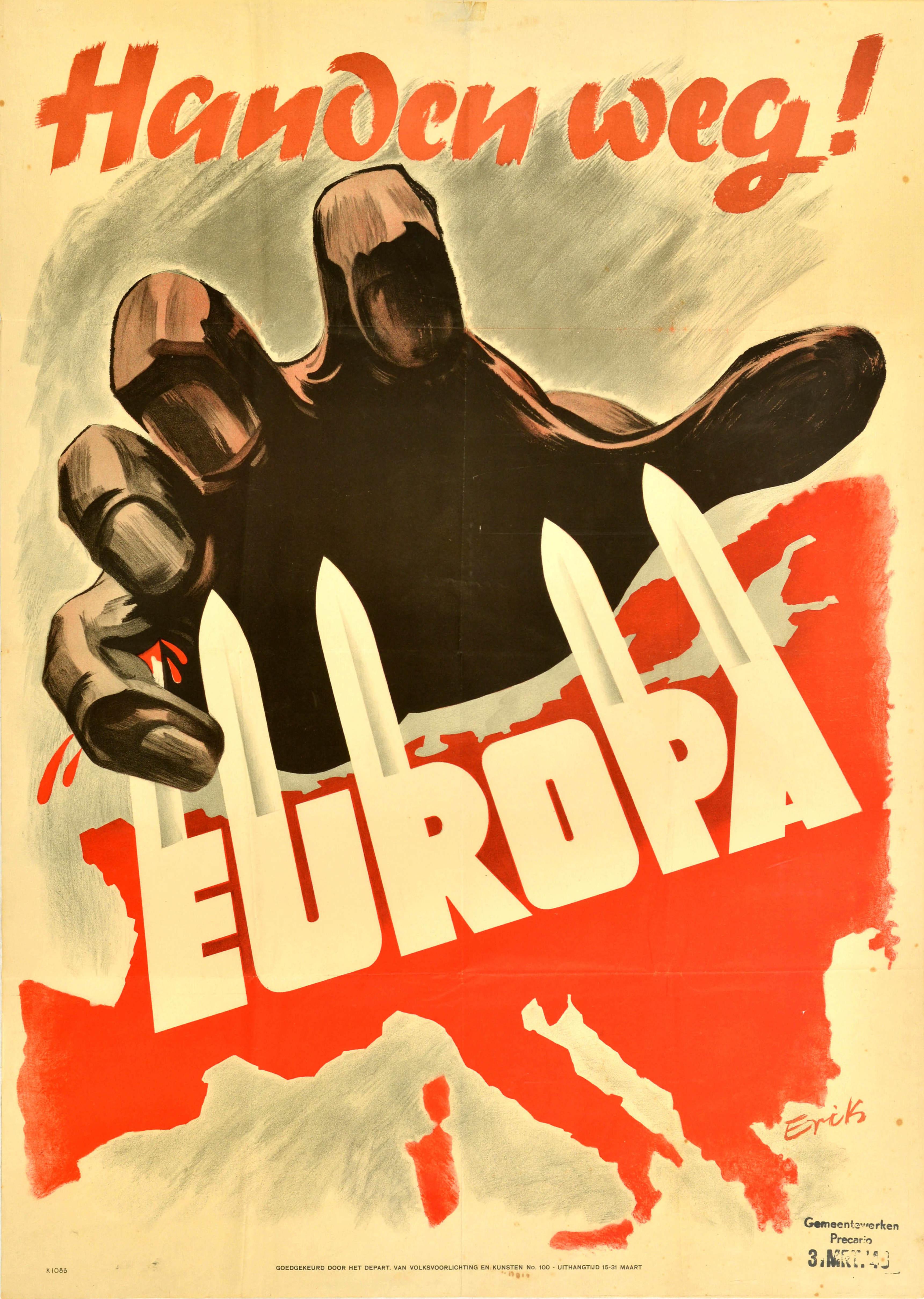 Erik Print - Original Vintage WWII Poster Handen Weg! Europa Hands Off Europe War Netherlands