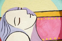 Picasso Inspired Cubist Seated Woman in Green and Yellow Dress