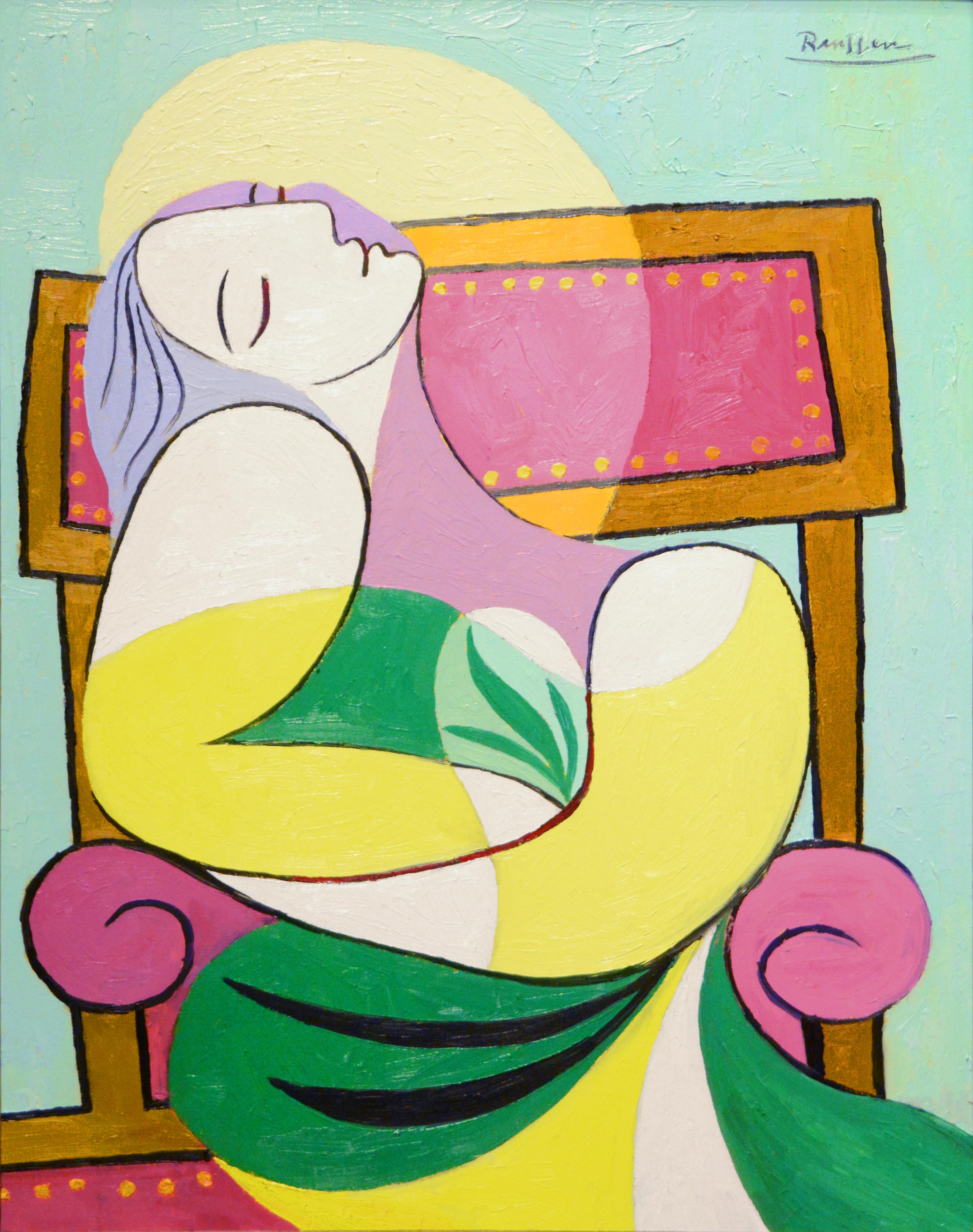 Erik Renssen Figurative Painting - Picasso Inspired Cubist Seated Woman in Green and Yellow Dress