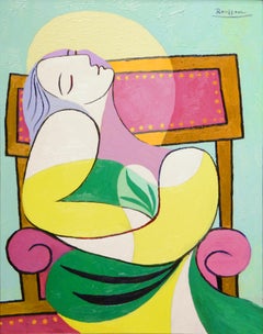 Picasso Inspired Cubist Seated Woman in Green and Yellow Dress