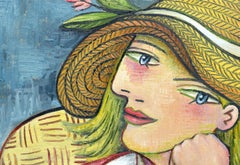 Picasso Inspired Cubist Seated Woman in Straw Hat