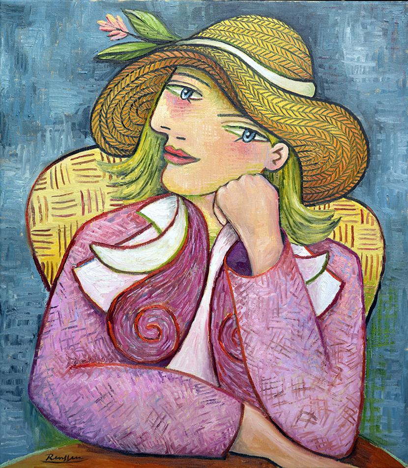 Erik Renssen Figurative Painting - Picasso Inspired Cubist Seated Woman in Straw Hat