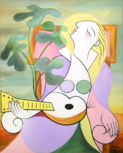 Picasso Inspired Cubist Woman with Guitar