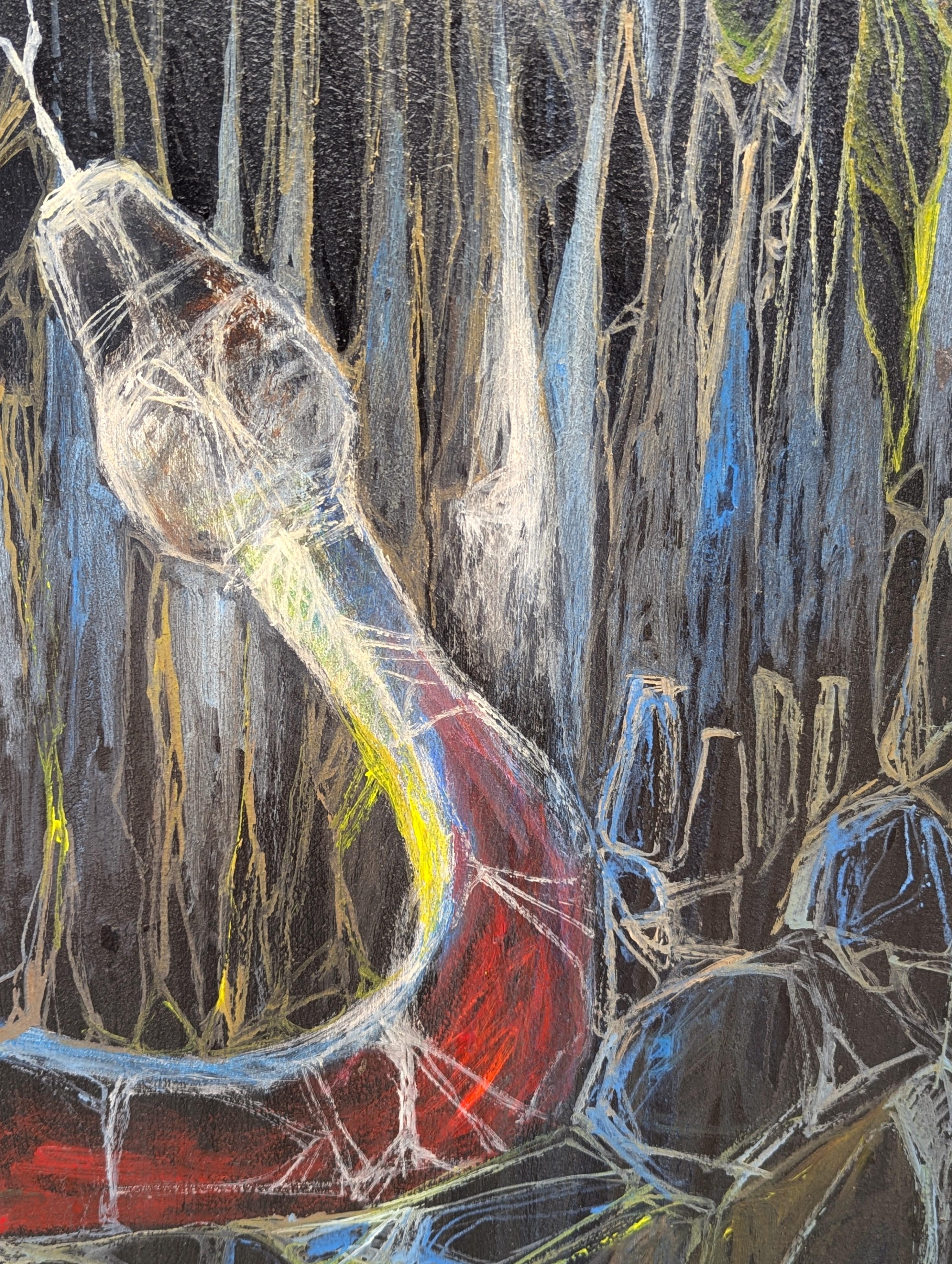 Cuadro tríptico figurativo abstracto moderno de tonos oscuros de Erik Sprohge. La obra presenta una escena mítica de esqueletos, serpientes y figuras indígenas que se desarrolla sobre el río Grande a lo largo de tres paneles. Firmado en la esquina