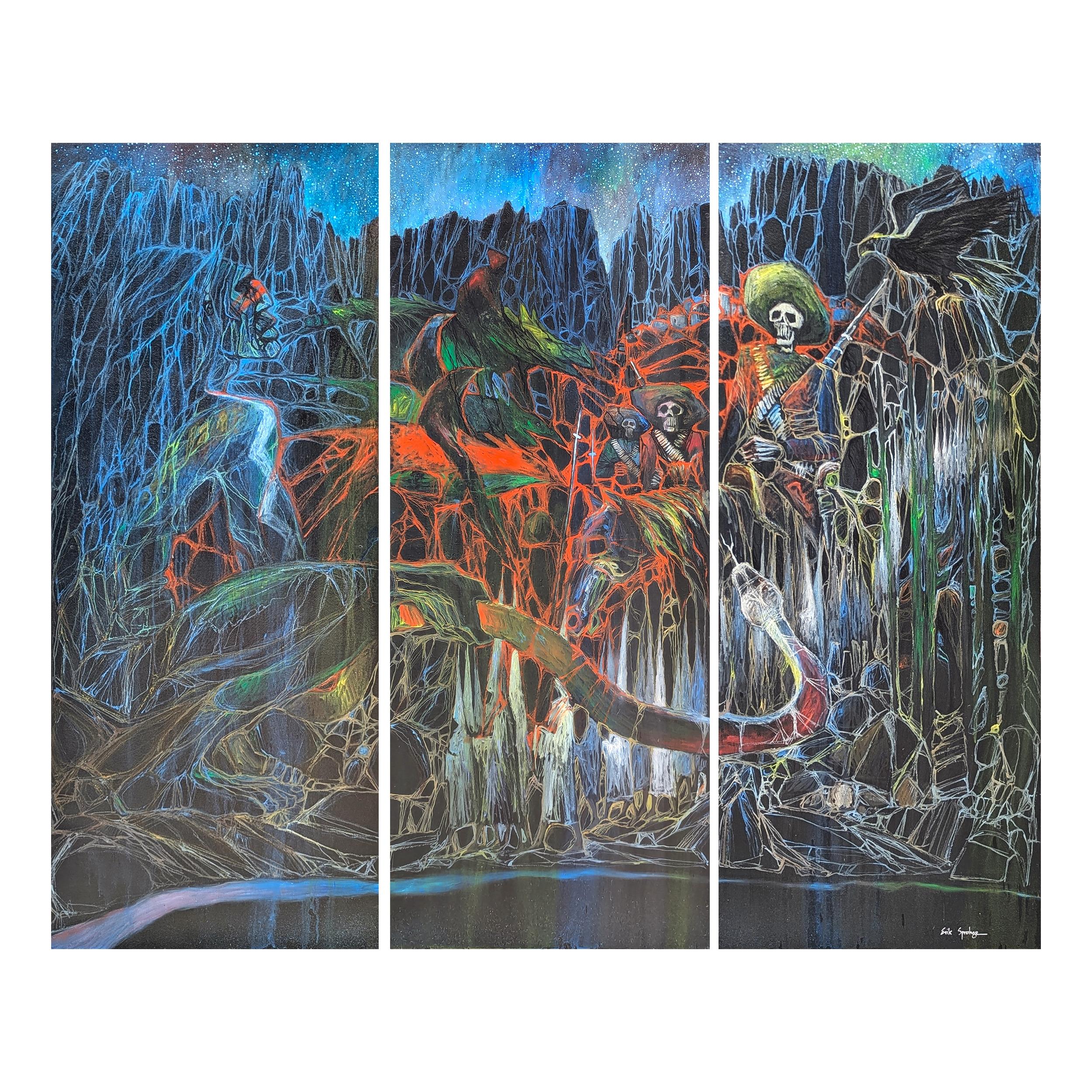 Landscape Painting de Erik Sprohge - "Visiones Nocturnas en el Río Grande" Tríptico Figurativo Abstracto Moderno en Tonos Oscuros