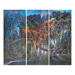 "Visiones Nocturnas en el Río Grande" Tríptico Figurativo Abstracto Moderno en Tonos Oscuros