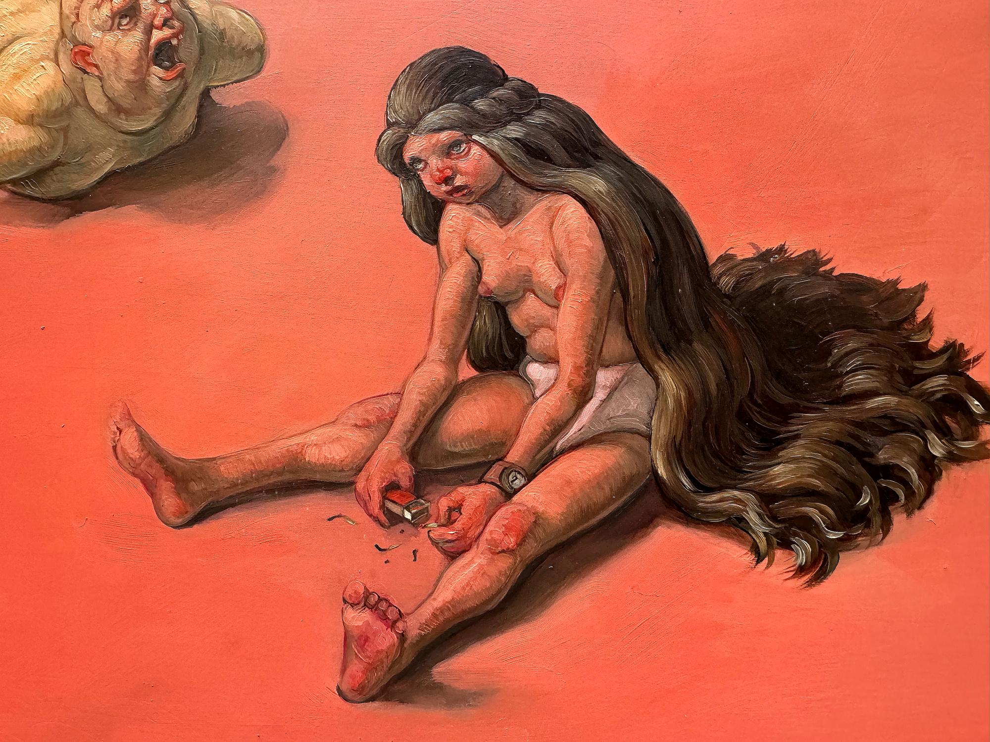 Grotesque Nude Figures in Battle -  like Hieronymus Bosch - Surrealist Painting by Erik  Thor Sandberg