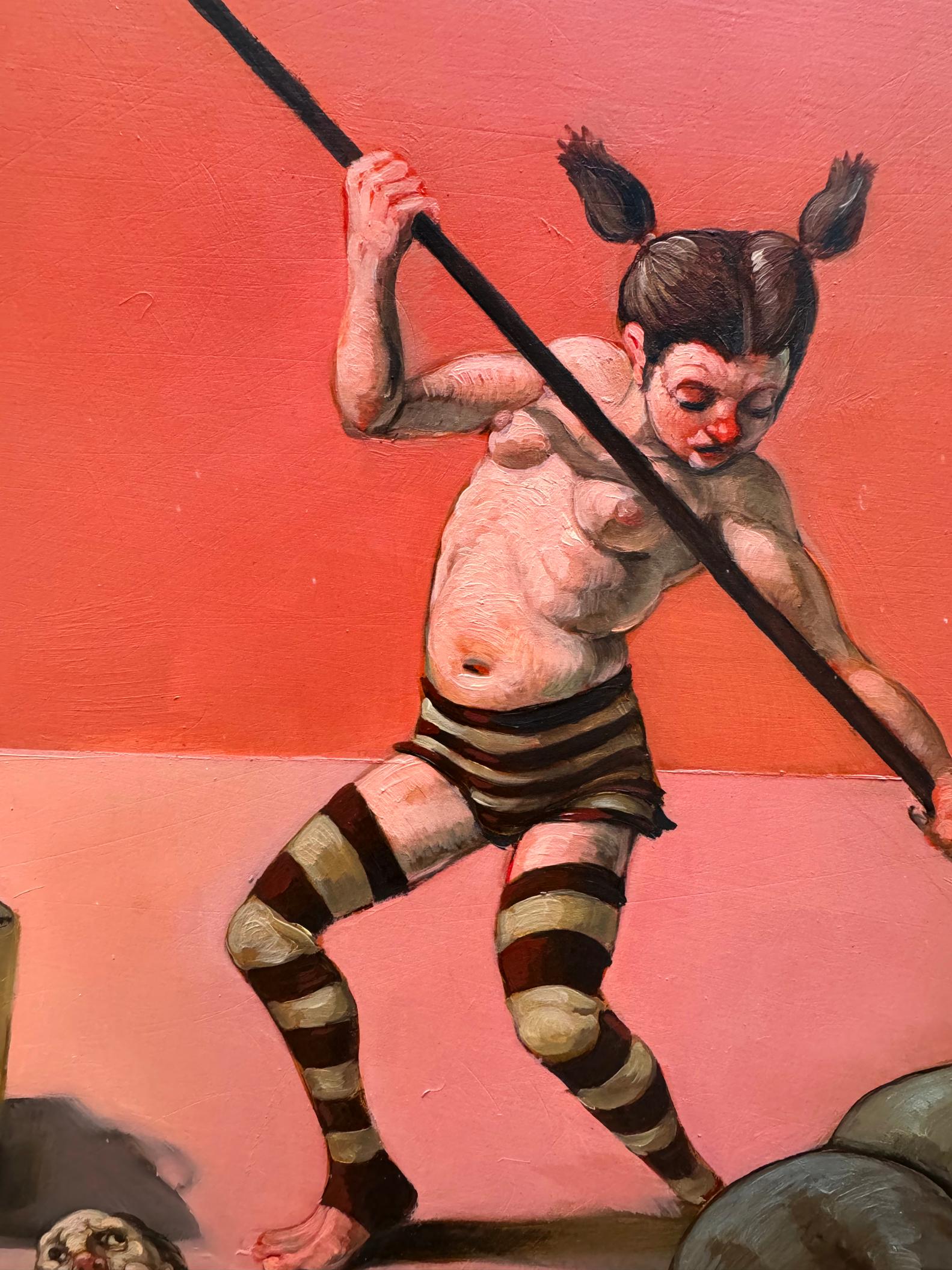 Grotesque Nude Figures in Battle -  like Hieronymus Bosch - Orange Figurative Painting by Erik  Thor Sandberg