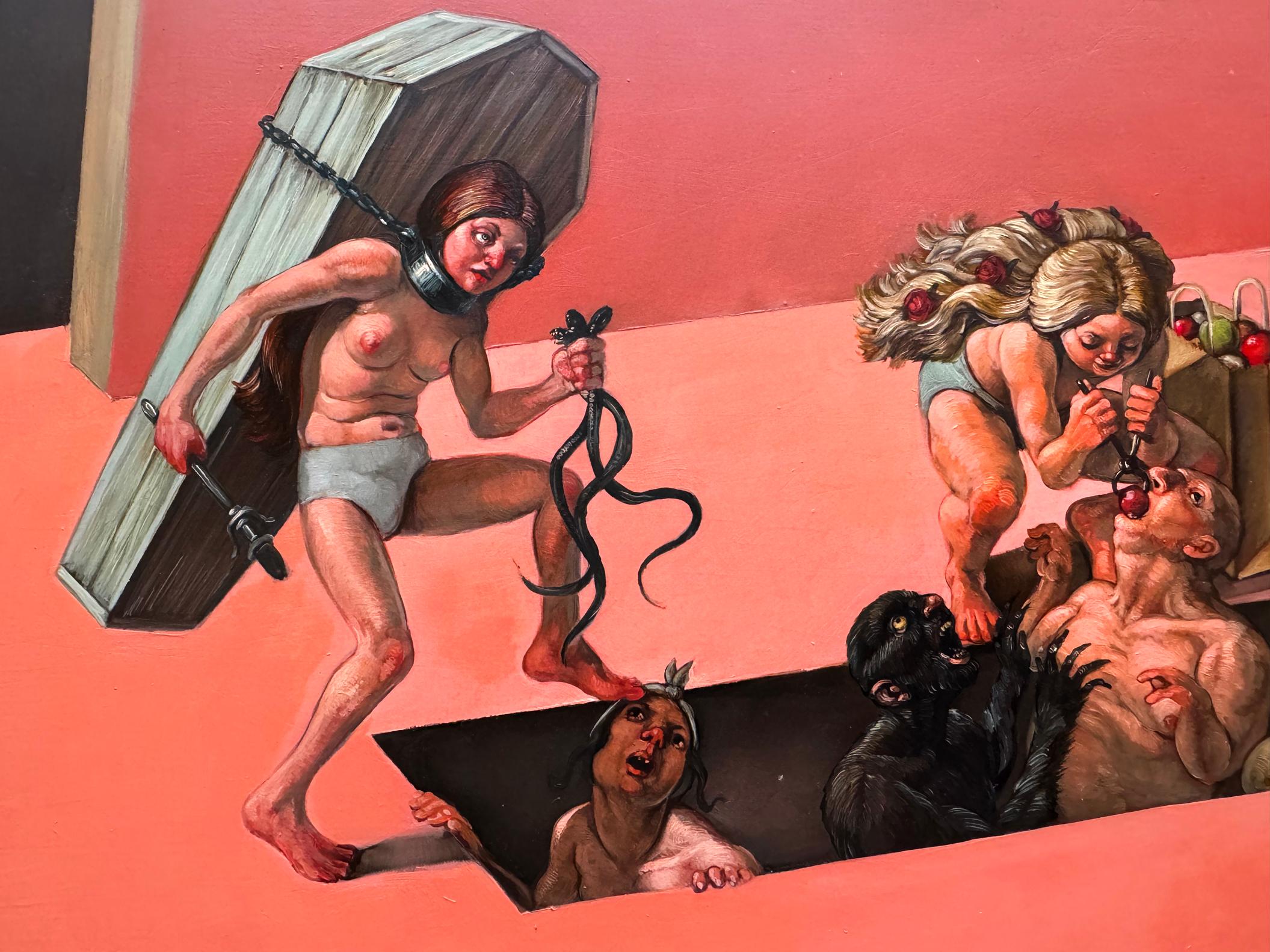 Erik Thor Sandberg paints a fantastical scene that features nude, grotesque combatants engaged in a bloody battle on a surreal, pink, stage-like surface. Some of the painting's subjects have spears and are fighting to keep others from climbing out
