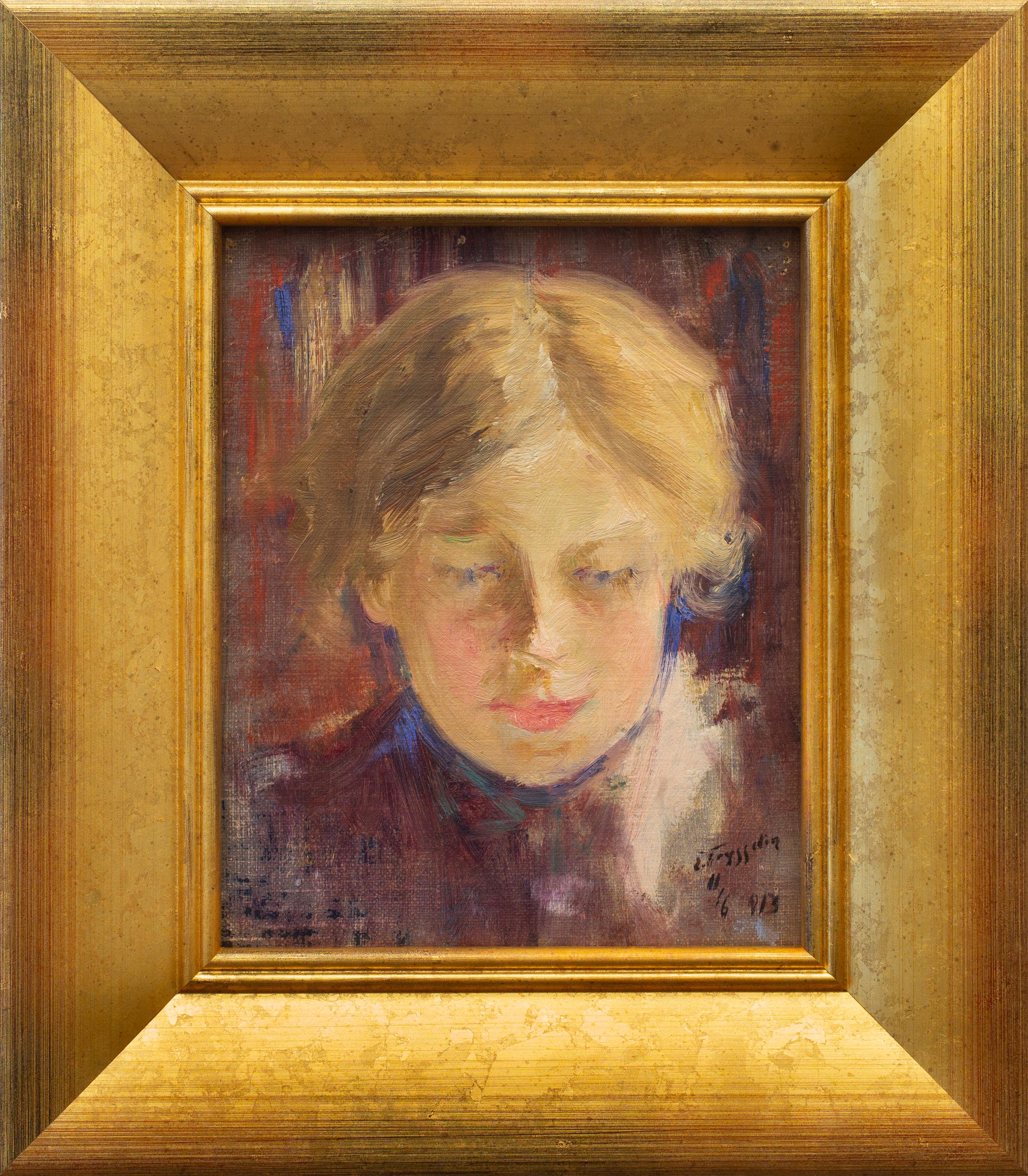 Erik Tryggelin (1878-1962) Sweden

A Portrait, 1913

signed and dated E Tryggelin 11/6 1913  
oil on canvas laid on masonite
canvas dimensions 7.48 x 5.90 inches (19 x 15 cm)
frame 12.20 x 10.62 inches (31 x 27 cm)

Erik Tryggelin was born in 1878