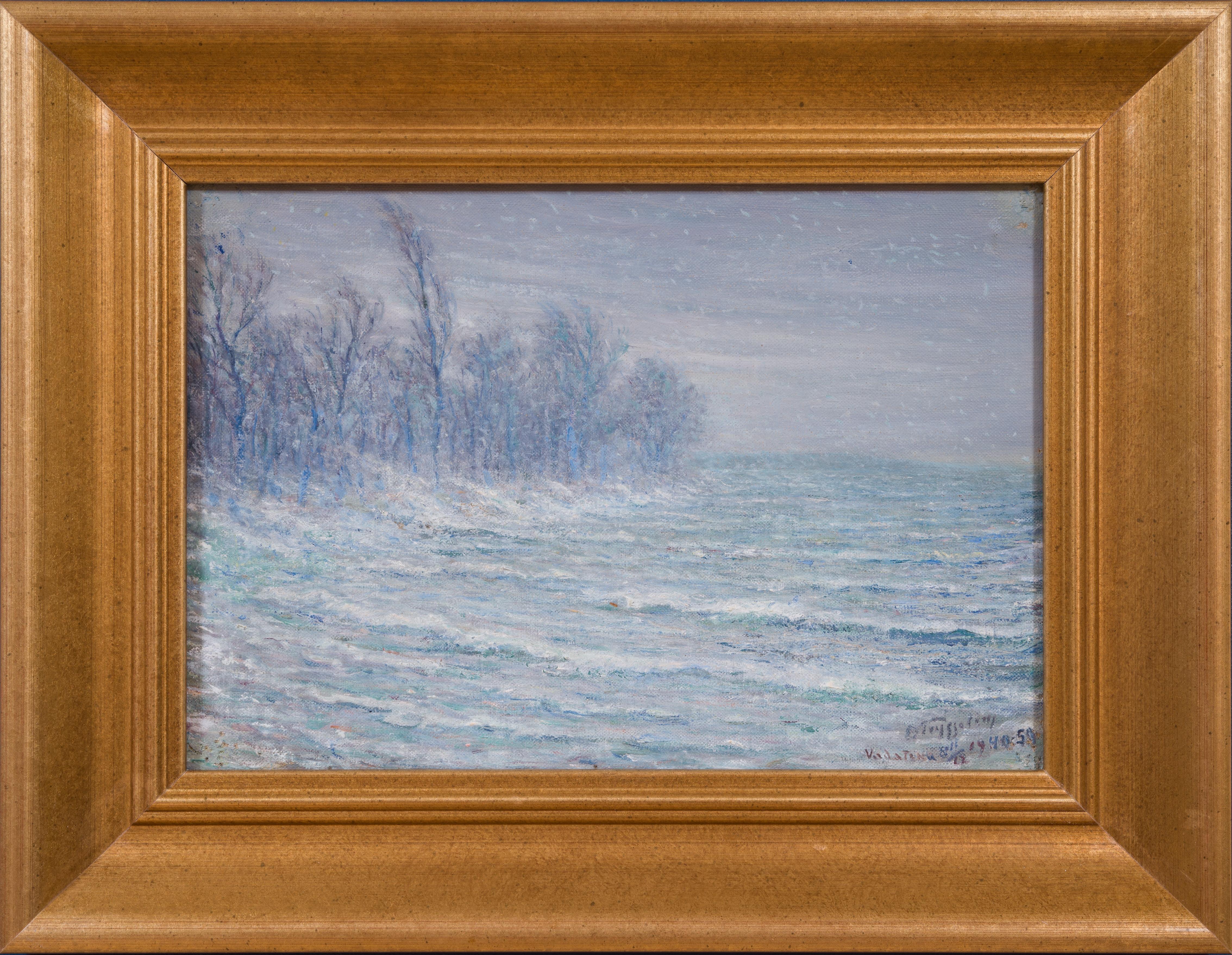 Erik Tryggelin (1878–1962) Sweden

Winterufer, Vadstena, 1940-1950

signiert und datiert unten rechts E. Tryggelin
beschriftet Vadstena 8/12 1940-50
Öl auf Leinwand auf Masonitplatte
ungerahmt 19 × 27 cm (7,5 × 10,6 Zoll)
gerahmt 29 × 37 cm (11,4 ×