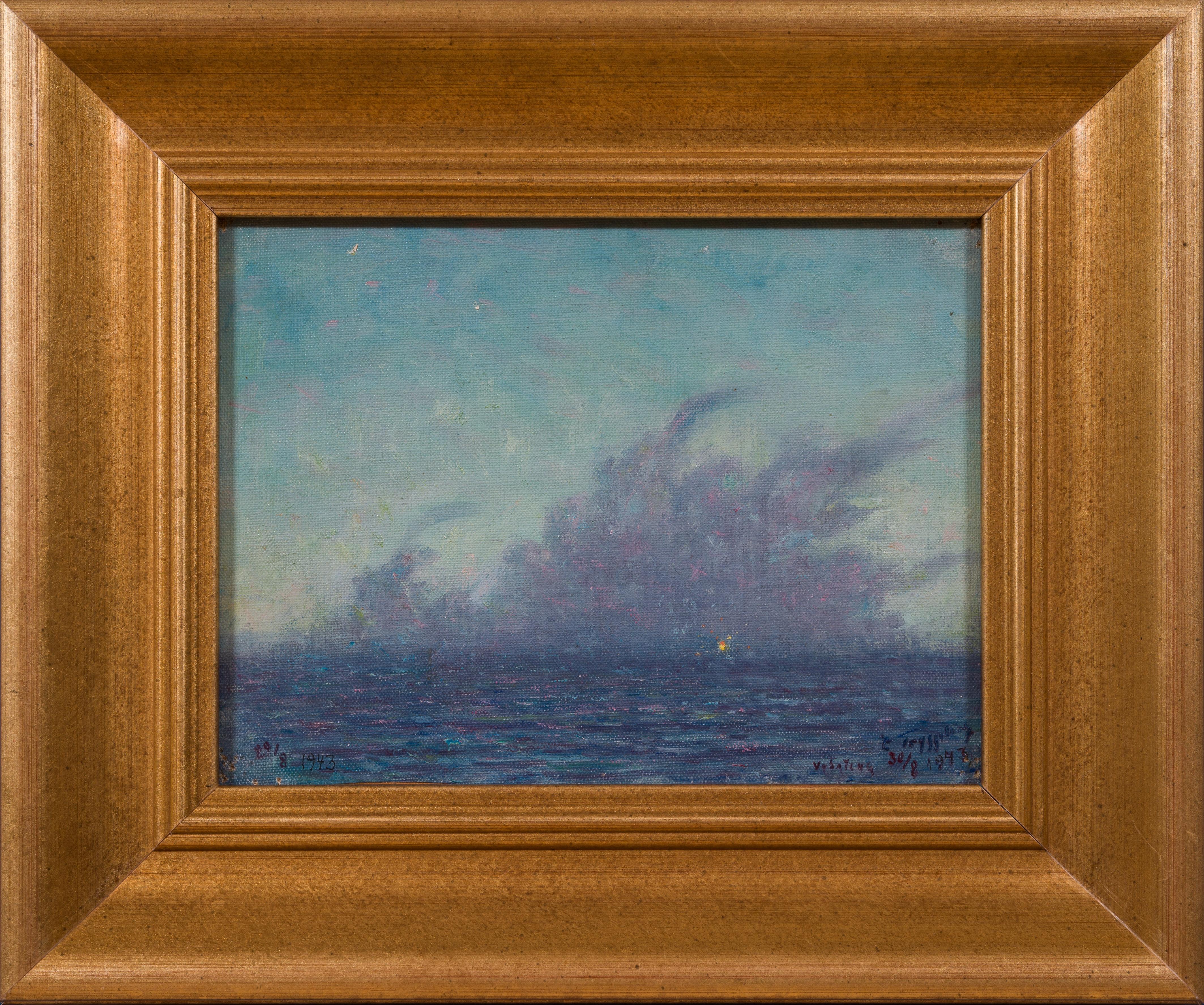 Original Blue Oil Painting Depicting Sunset over Lake Vättern from Vadstena
