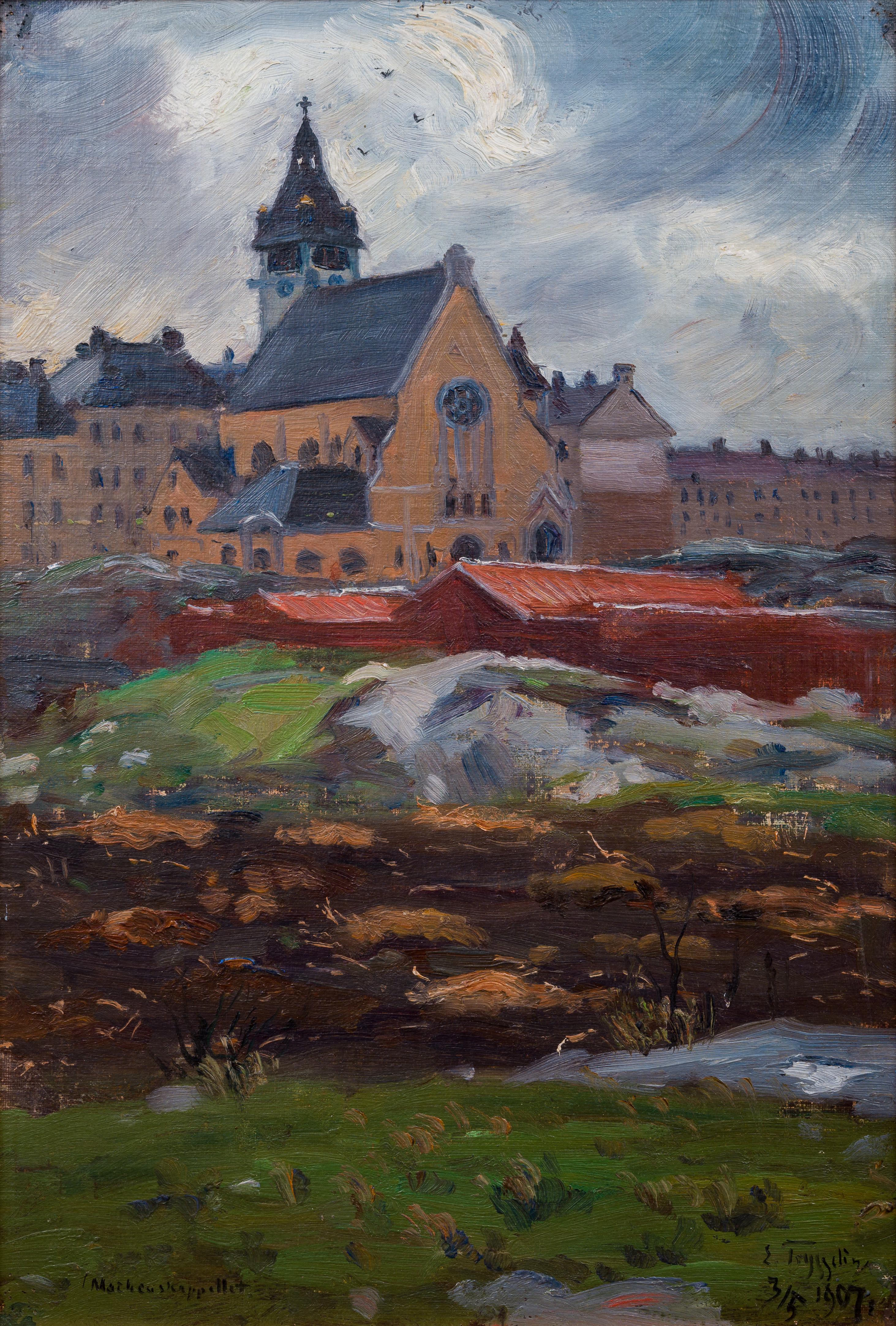 Church Sankt Matteus de Stockholm, 1907 - Post-impressionnisme Painting par Erik Tryggelin