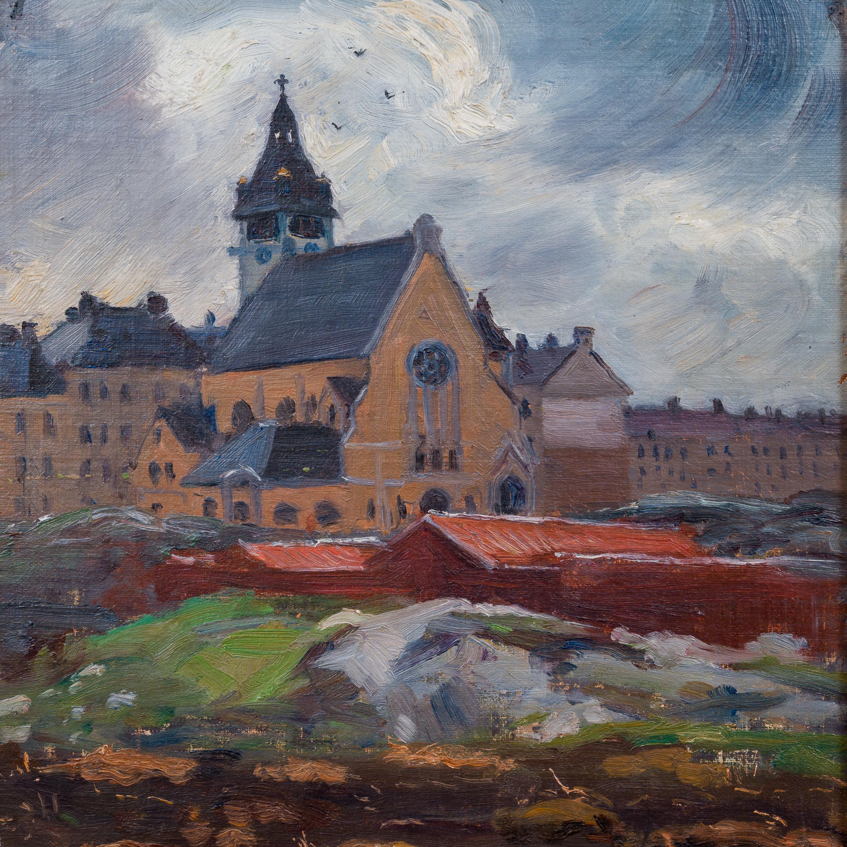Das zum Verkauf stehende Gemälde, das der schwedische Künstler Erik Tryggelin am 3. Mai 1907 schuf, zeigt eine stimmungsvolle und dynamische Ansicht der Sankt-Matteus-Kirche in Stockholm. Dieses Werk ist ein hervorragendes Beispiel für Tryggelins