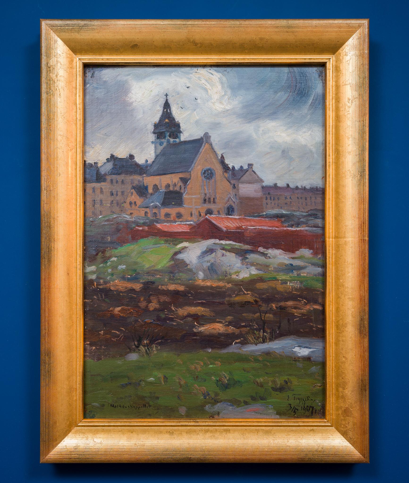 Das zum Verkauf stehende Gemälde des schwedischen Künstlers Erik Tryggelin vom 3. Mai 1907 zeigt eine eindrucksvolle und stimmungsvolle Ansicht der Sankt-Matteus-Kirche in Stockholm. Es ist ein gutes Beispiel für Tryggelins Talent, figurative