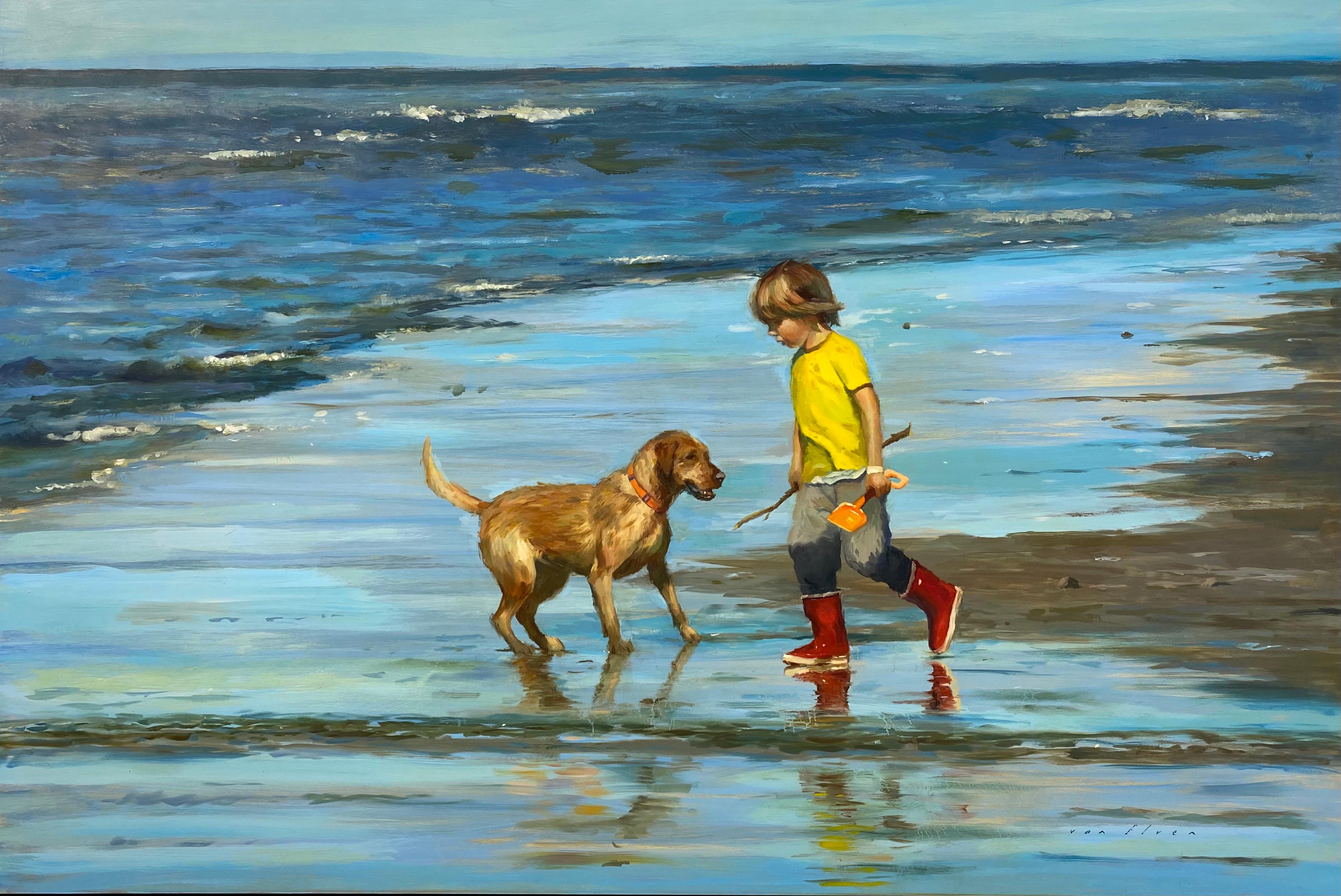 Erik van Elven Figurative Painting - Beachbuddies - 21st Century Contemporary Painting 'a boy and his dog on a beach'