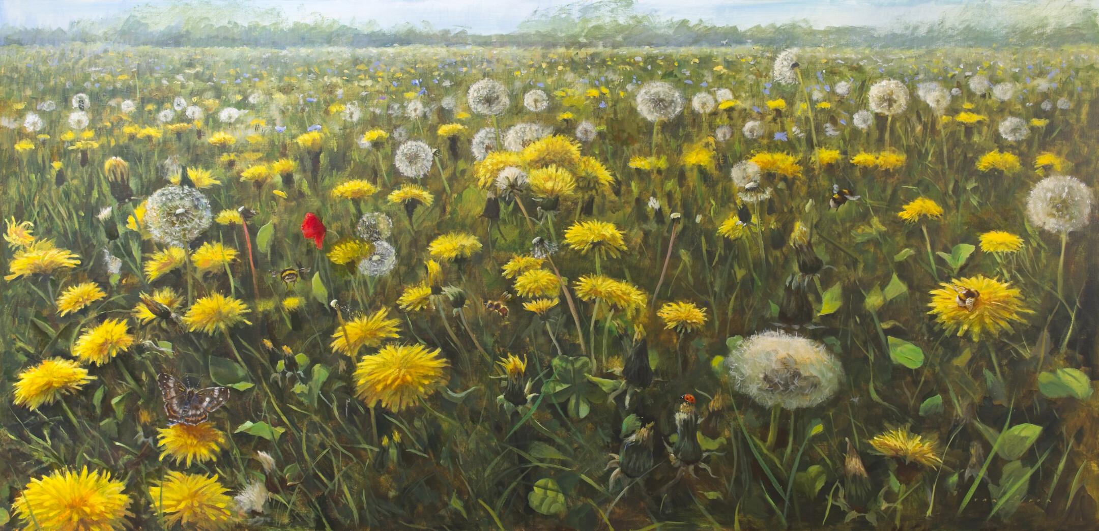 Figurative Painting Erik van Elven - Blooming - Contemporain du 21e siècle  Peinture de paysage hollandaise d'un champ de fleurs