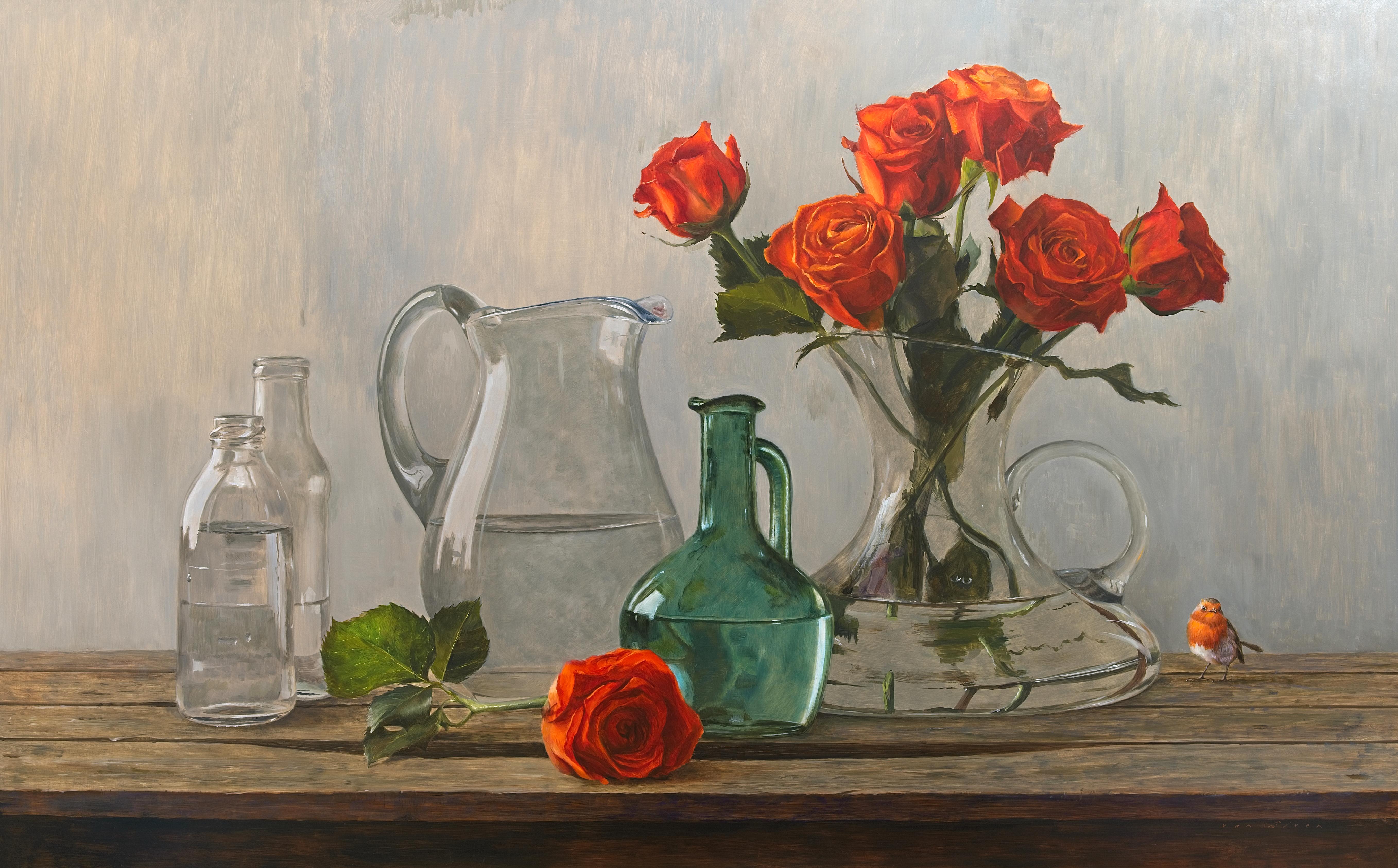 Erik van Elven Figurative Painting - Casanova- 21st Century Contemporary  Dutch Stilllife painting with roses & robin