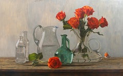 Casanova- 21st Century Contemporary  Dutch Stilllife painting with roses & robin