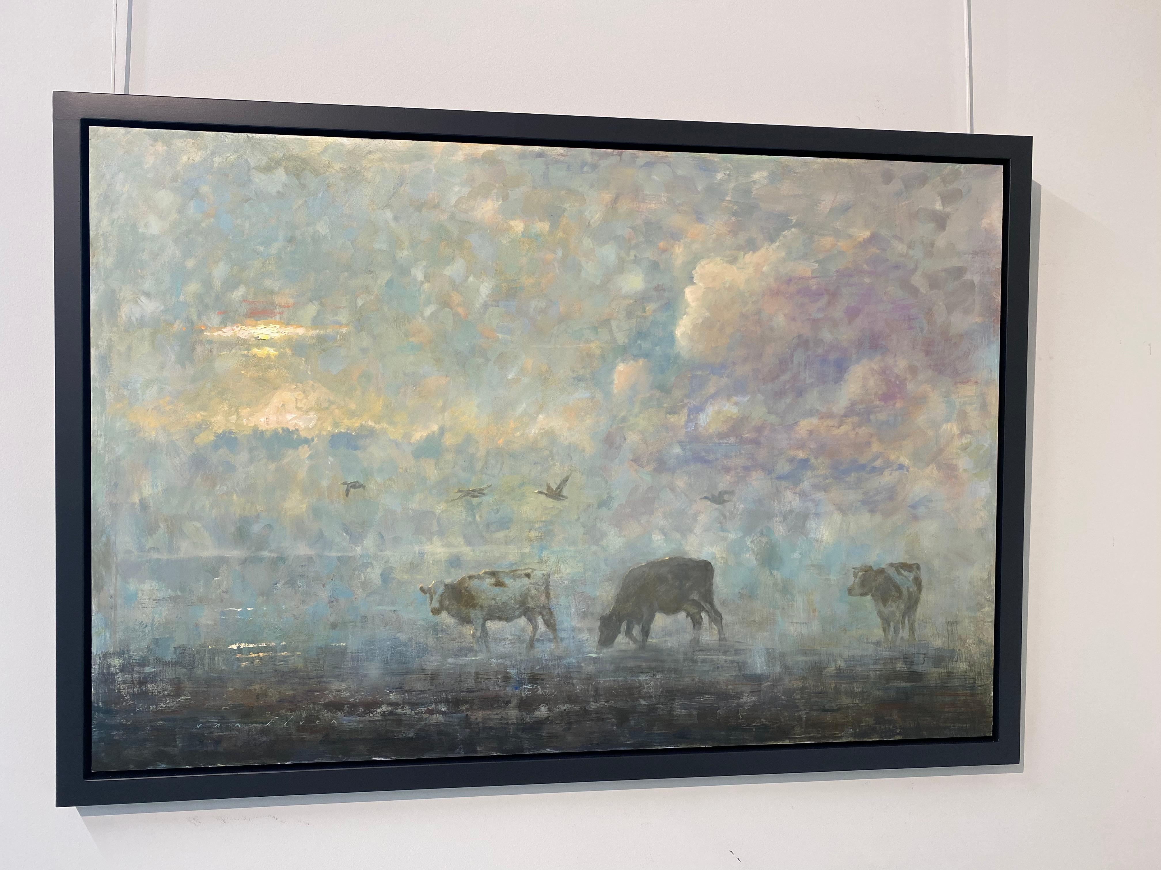 Frühe Vögel - zeitgenössisches impressionistisches niederländisches Gemälde mit Kühen, 21. Jahrhundert – Painting von Erik van Elven