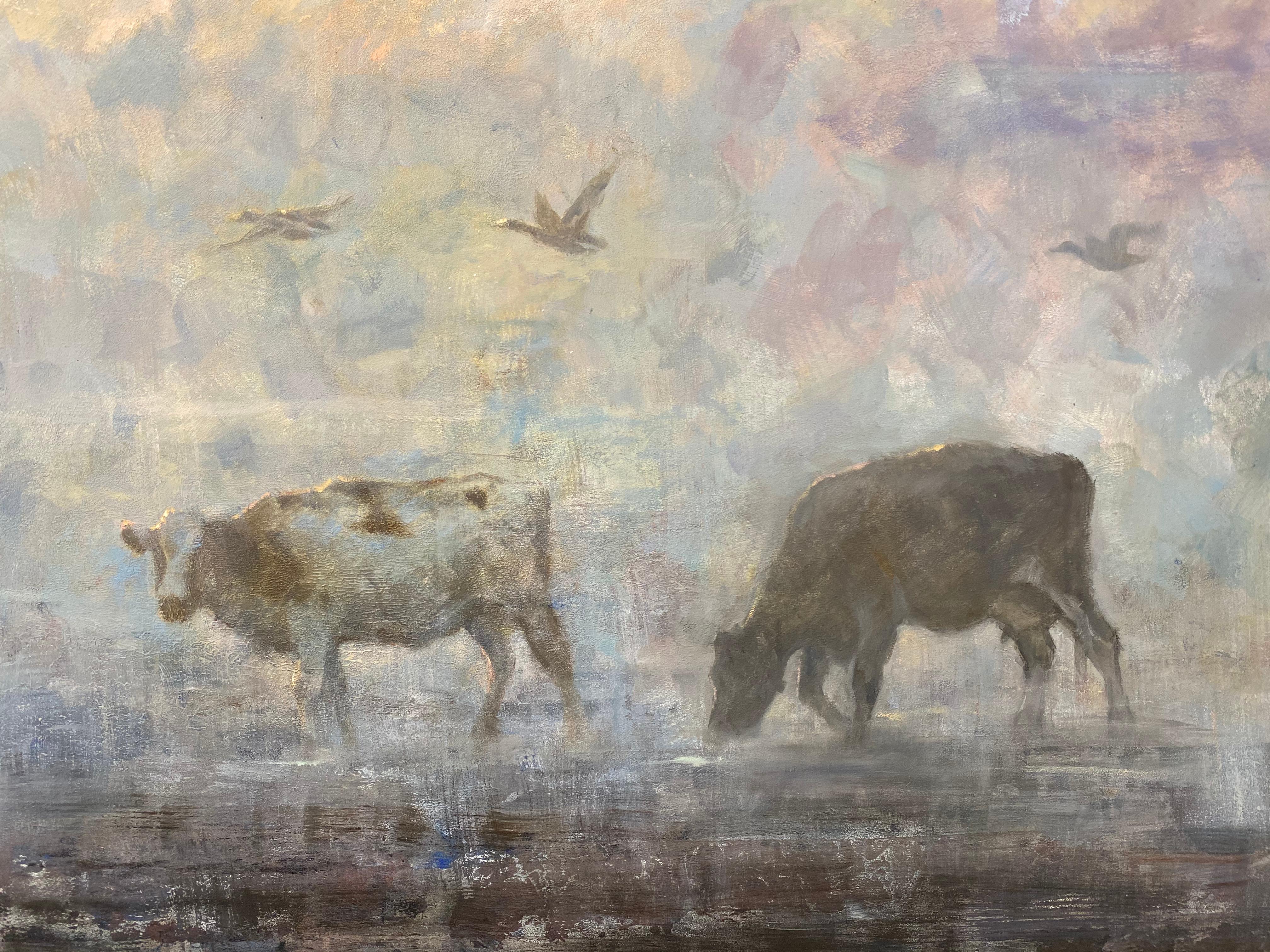 Oiseaux anciens - Peinture impressionniste néerlandaise contemporaine du 21e siècle avec vaches - Gris Figurative Painting par Erik van Elven