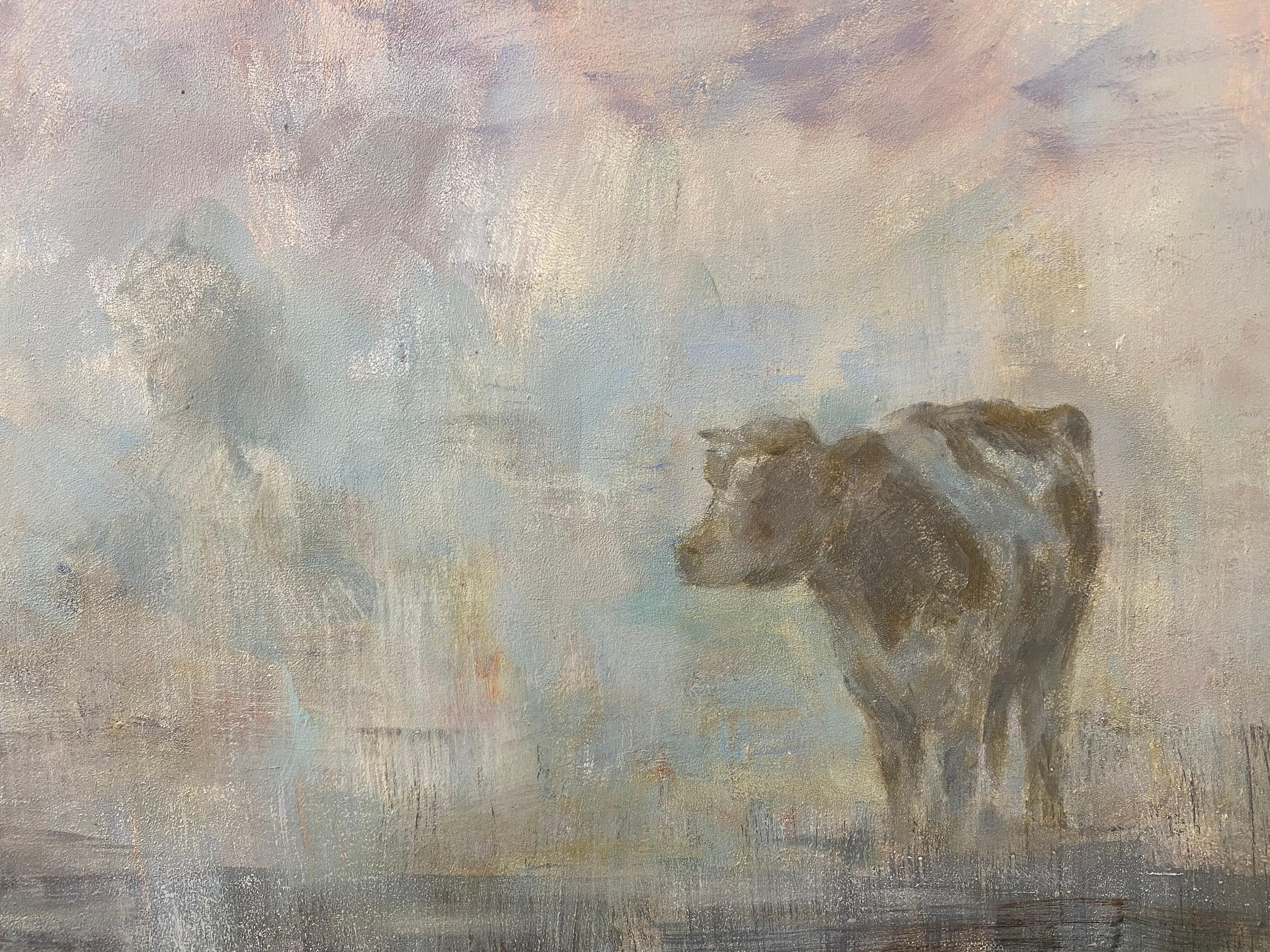 Early Birds- 21st Century Contemporary Impressionistic Dutch Painting with Cows - Gray Figurative Painting by Erik van Elven