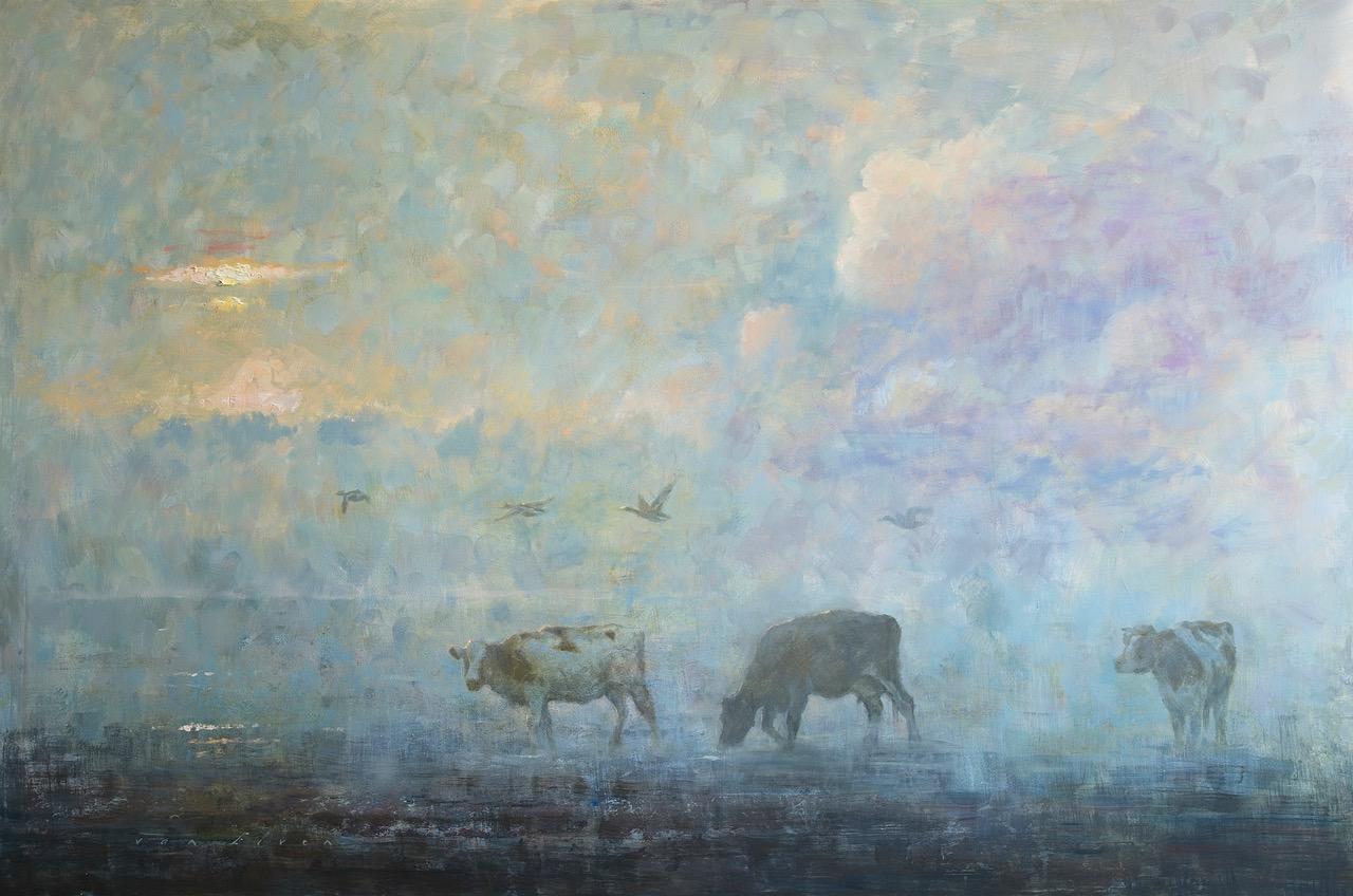 Frühe Vögel - zeitgenössisches impressionistisches niederländisches Gemälde mit Kühen, 21. Jahrhundert