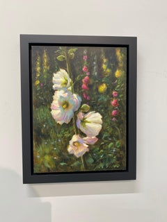 Hollyhocks- 21st Century Contemporary Painting of a Landscape with Flowers